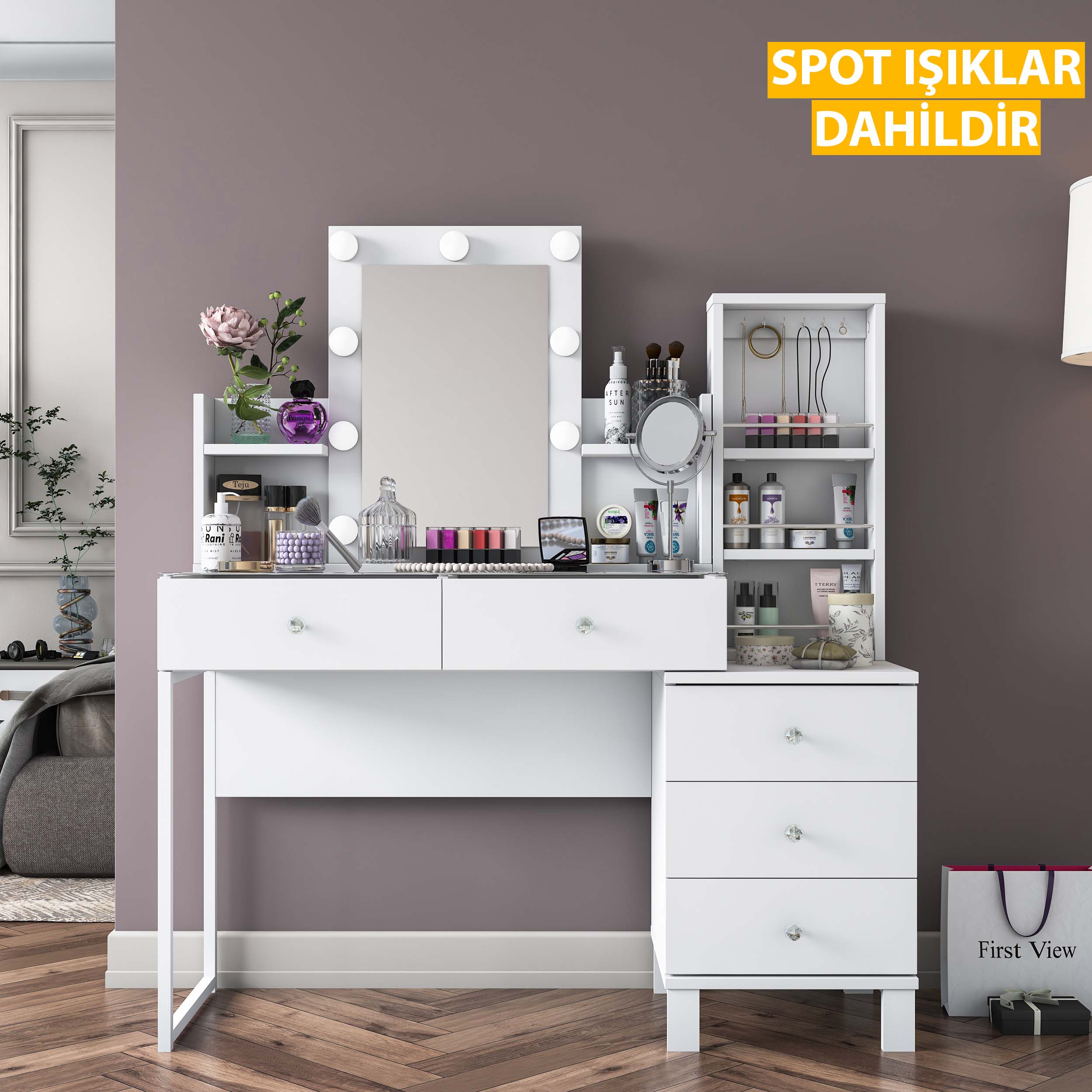 Rani BJ153 Hollywood Işıklı Aynalı Kulis Makyaj Masası Cam Tablalı 5 Çekmeceli Takı Düzenleyici Beyaz