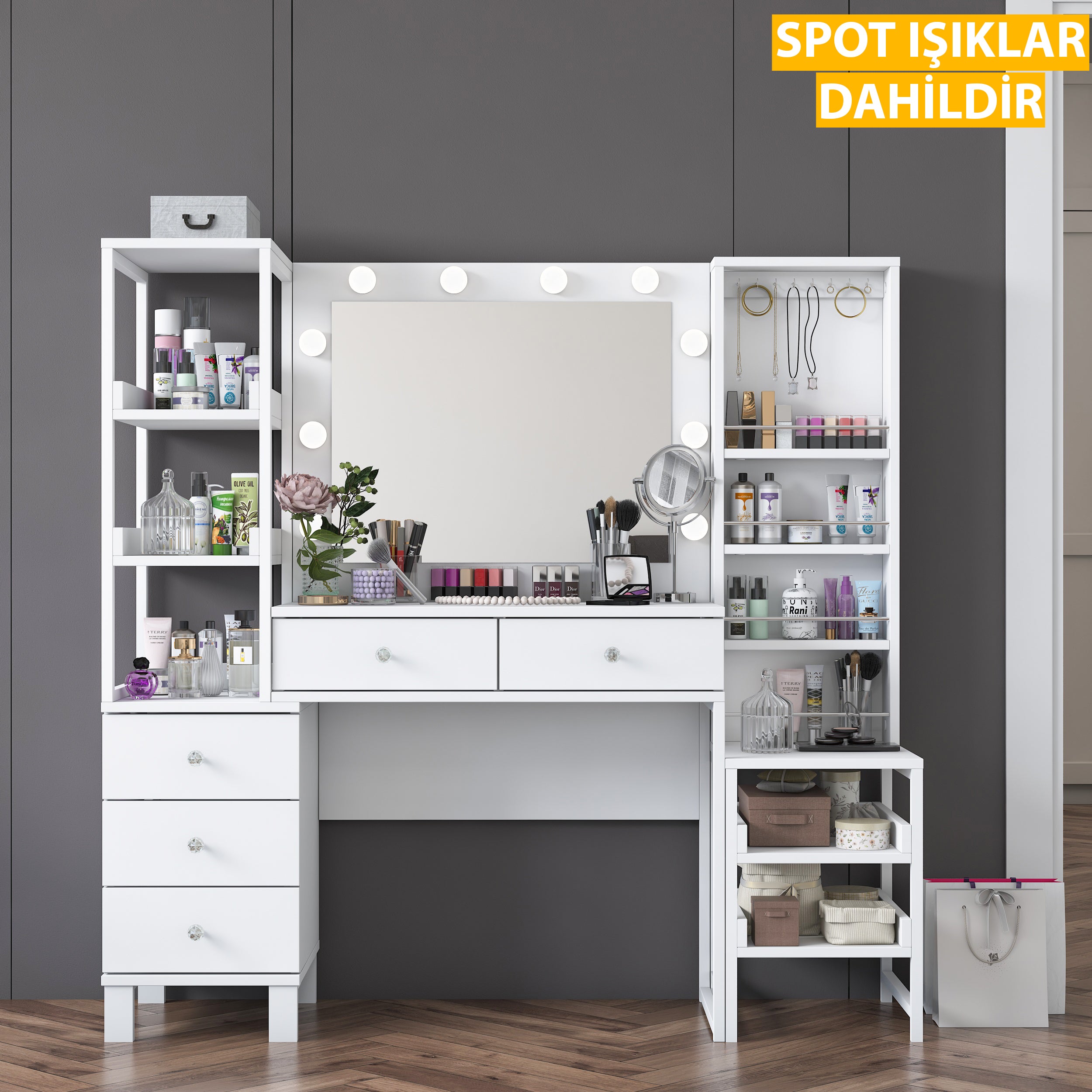 Rani BJ154 Hollywood Işıklı Aynalı Kulis Makyaj Masası 5 Çekmeceli Açık Raflı Takı Düzenleyici Beyaz