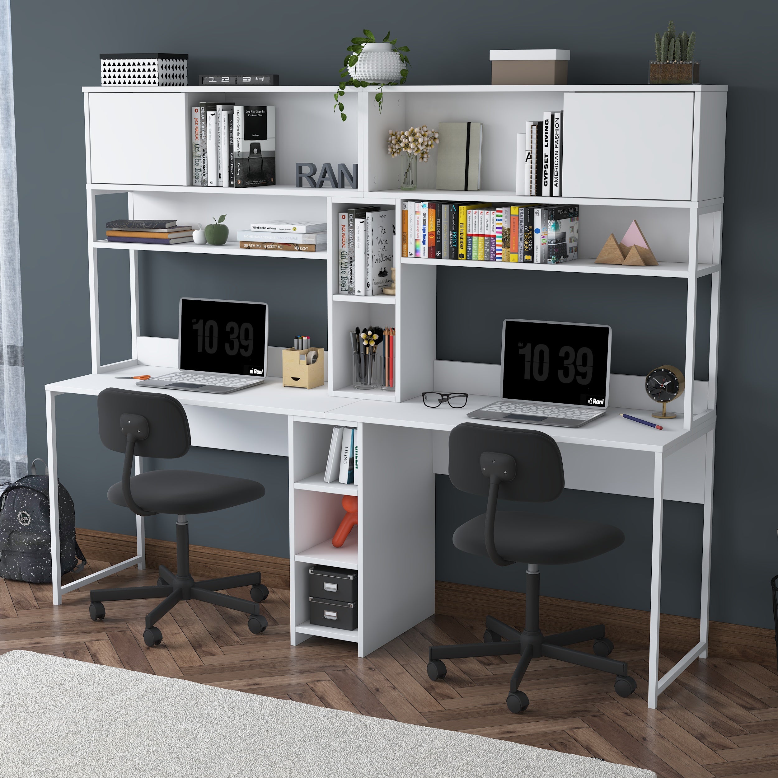 ラピスパイワン②デスク Rani HA129 İki Kişilik Çok Raflı 2 Kapaklı Çalışma Ofis Bilgisayar Mas