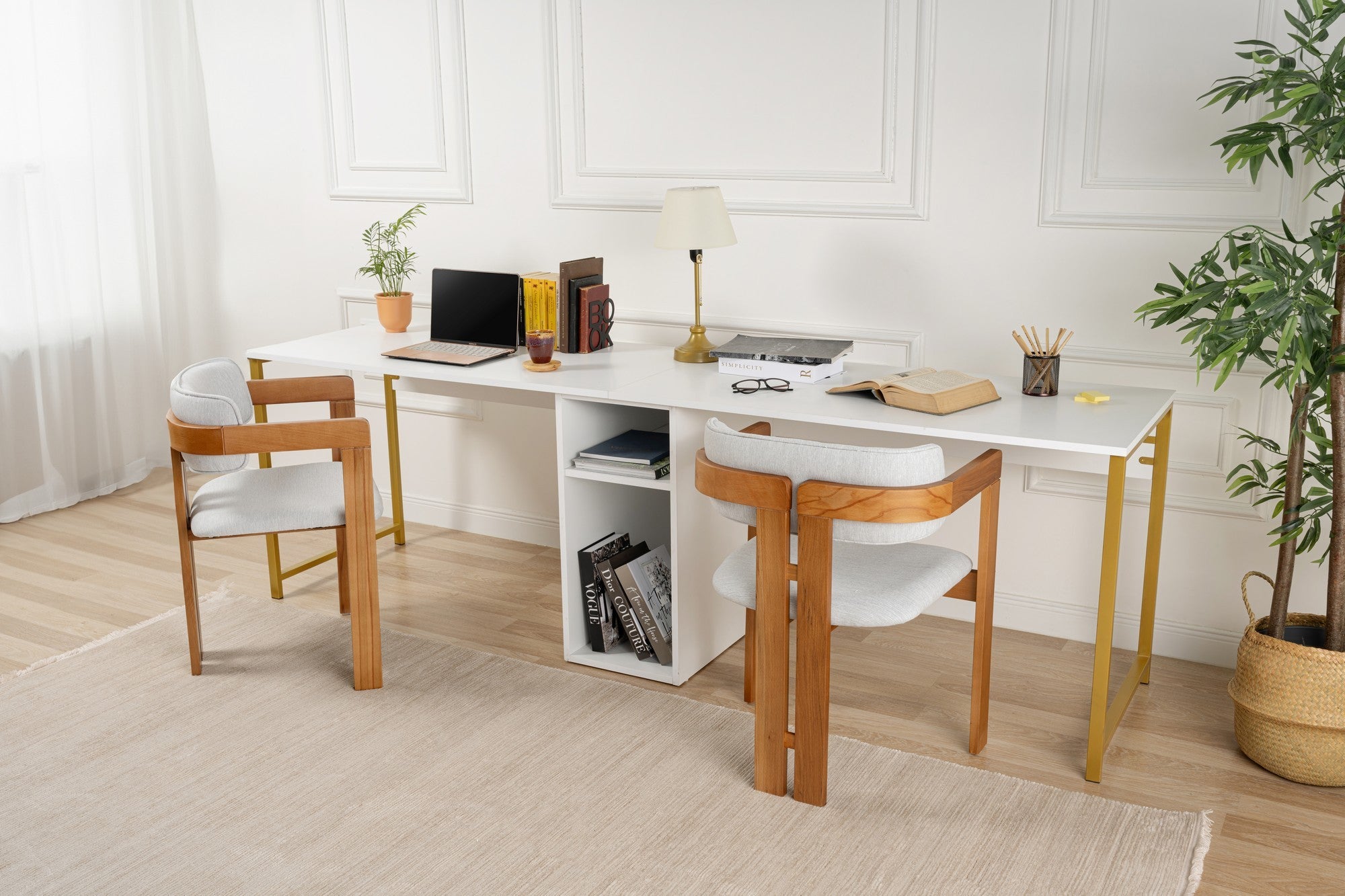 Rani Home Çalışma Masası Beyaz Gold Metal Ayaklı İki Kişilik 240CM HA-5279