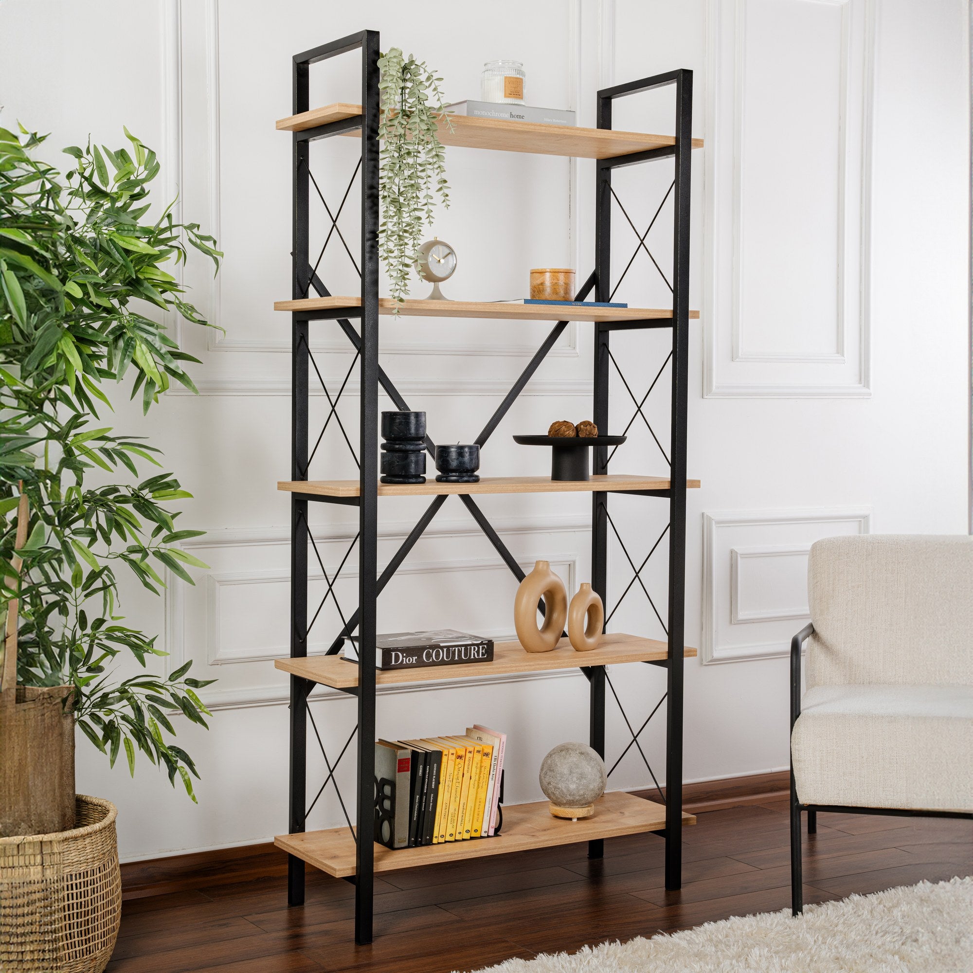 Rani Home Kitaplık Meşe Siyah Metal Ayaklı 5 Raflı HC-5261