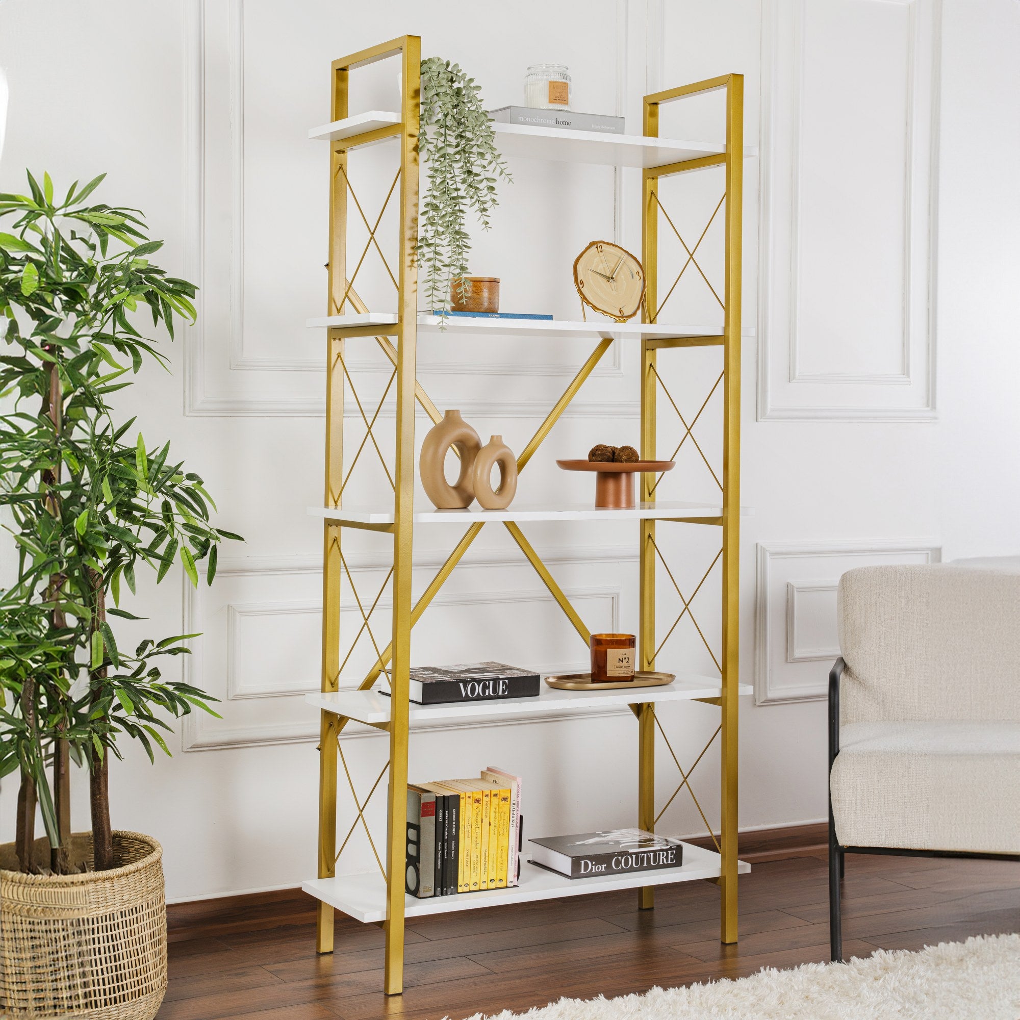 Rani Home Kitaplık Beyaz Raflı Gold Metal Ayaklı 5 Raflı HC-5266