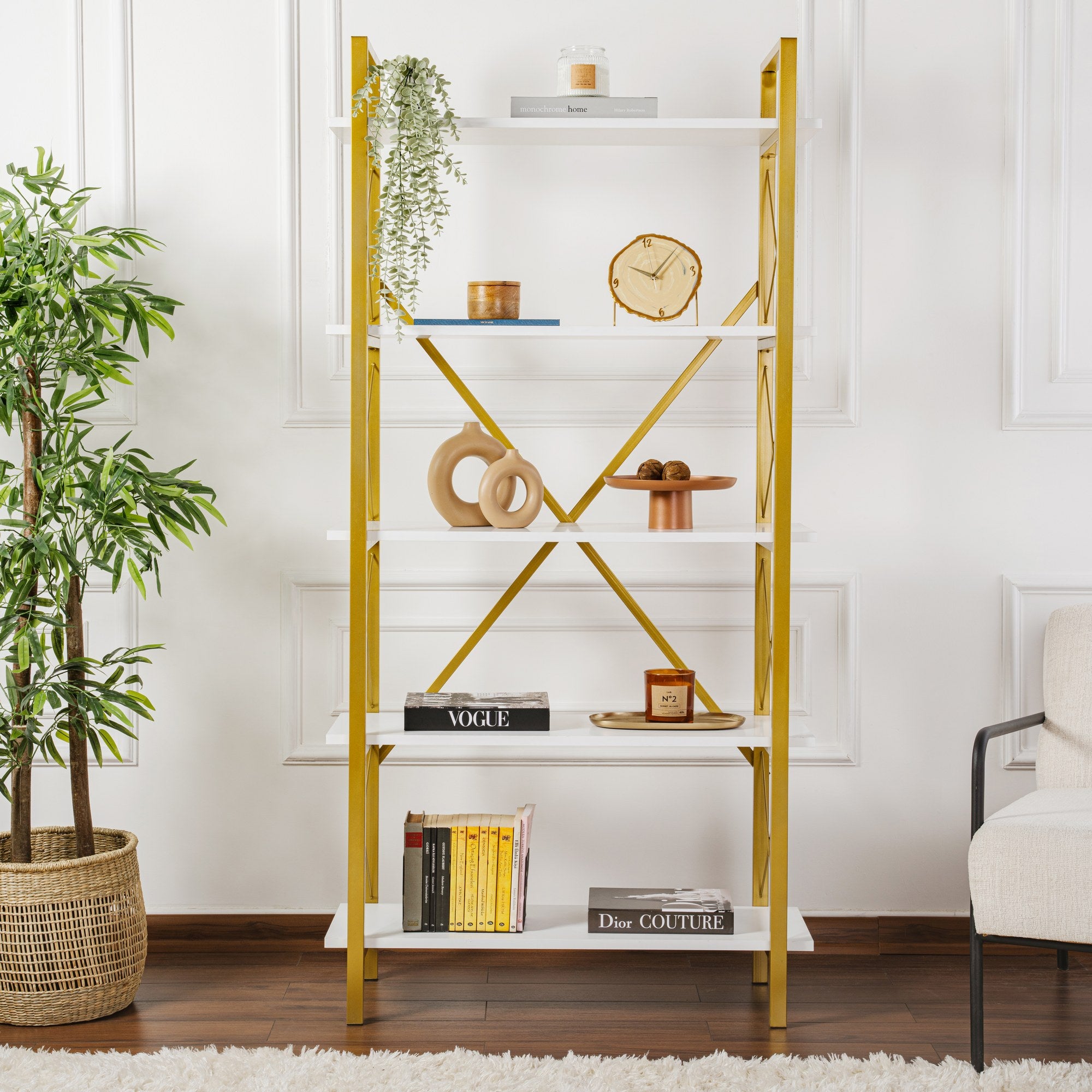 Rani Home Kitaplık Beyaz Raflı Gold Metal Ayaklı 5 Raflı HC-5266