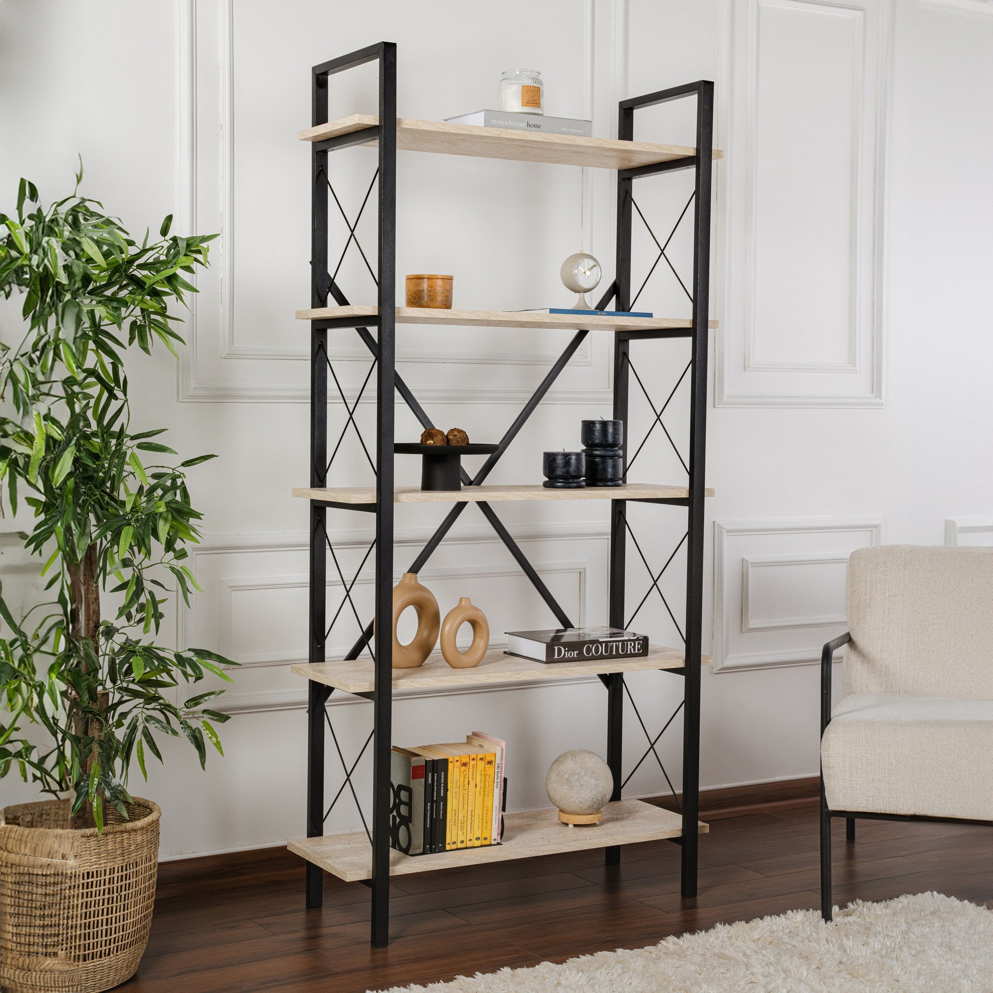 Rani Home Kitaplık Traverten Raflı Siyah Metal Ayaklı 5 Raflı HC-5262