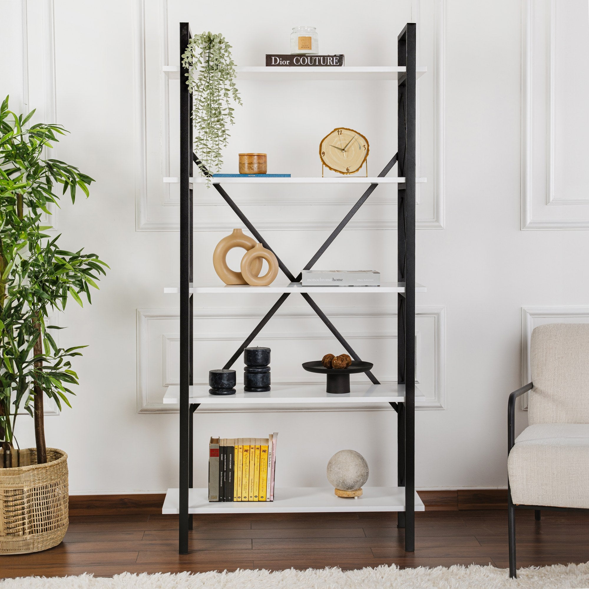 Rani Home Kitaplık Beyaz Raflı Siyah Metal Ayaklı 5 Raflı HC-5265