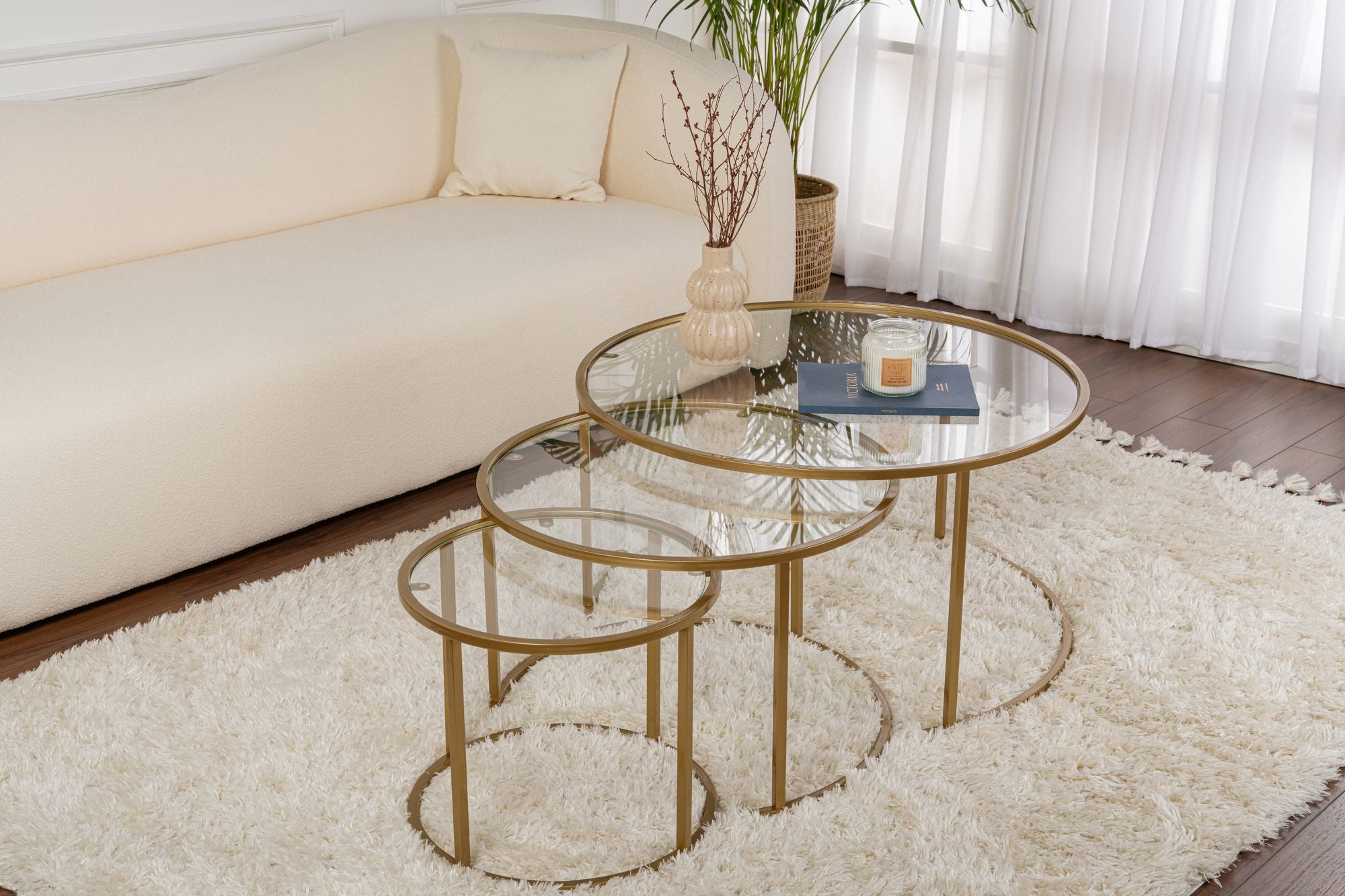 Rani Home Zigon Sehpa Üçlü Set Gold Metal Ayaklı Düz Cam AB-5388
