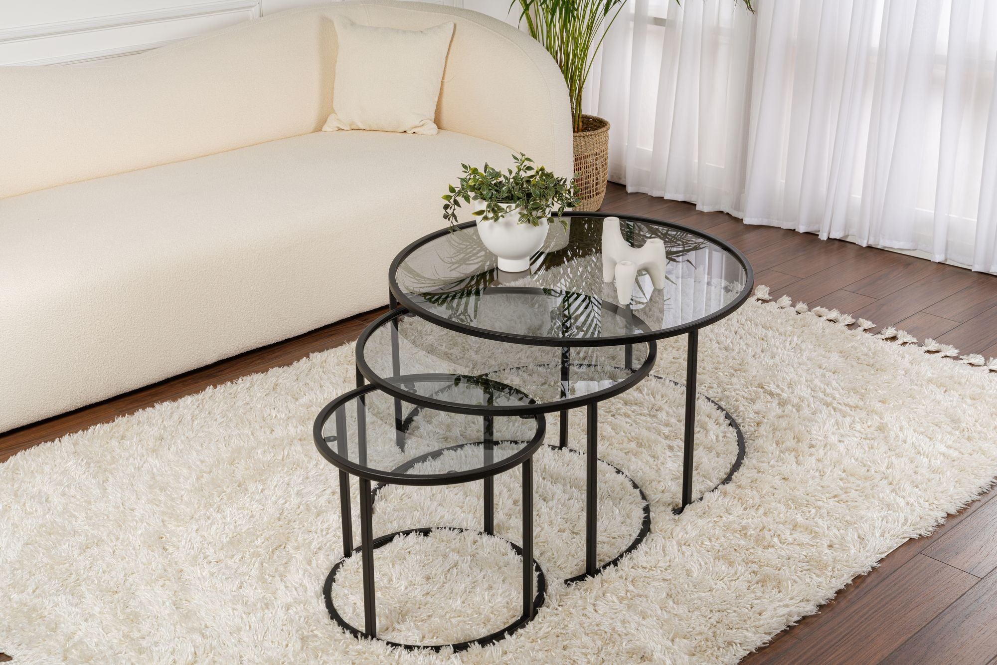 Rani Home Zigon Sehpa Üçlü Set Siyah Metal Ayaklı Füme Cam AB-5389