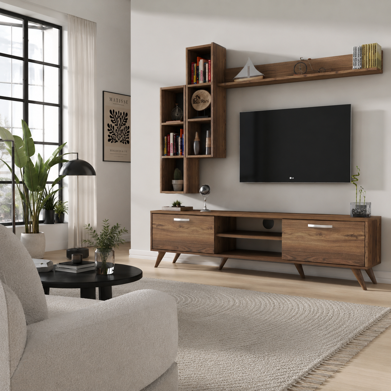 Rani A9 Duvar Raflı Tv Ünitesi Kitaplıklı Tv Sehpası Duvara Monte Raflı Modern Ayaklı 180 cm Minyatür Ceviz M16