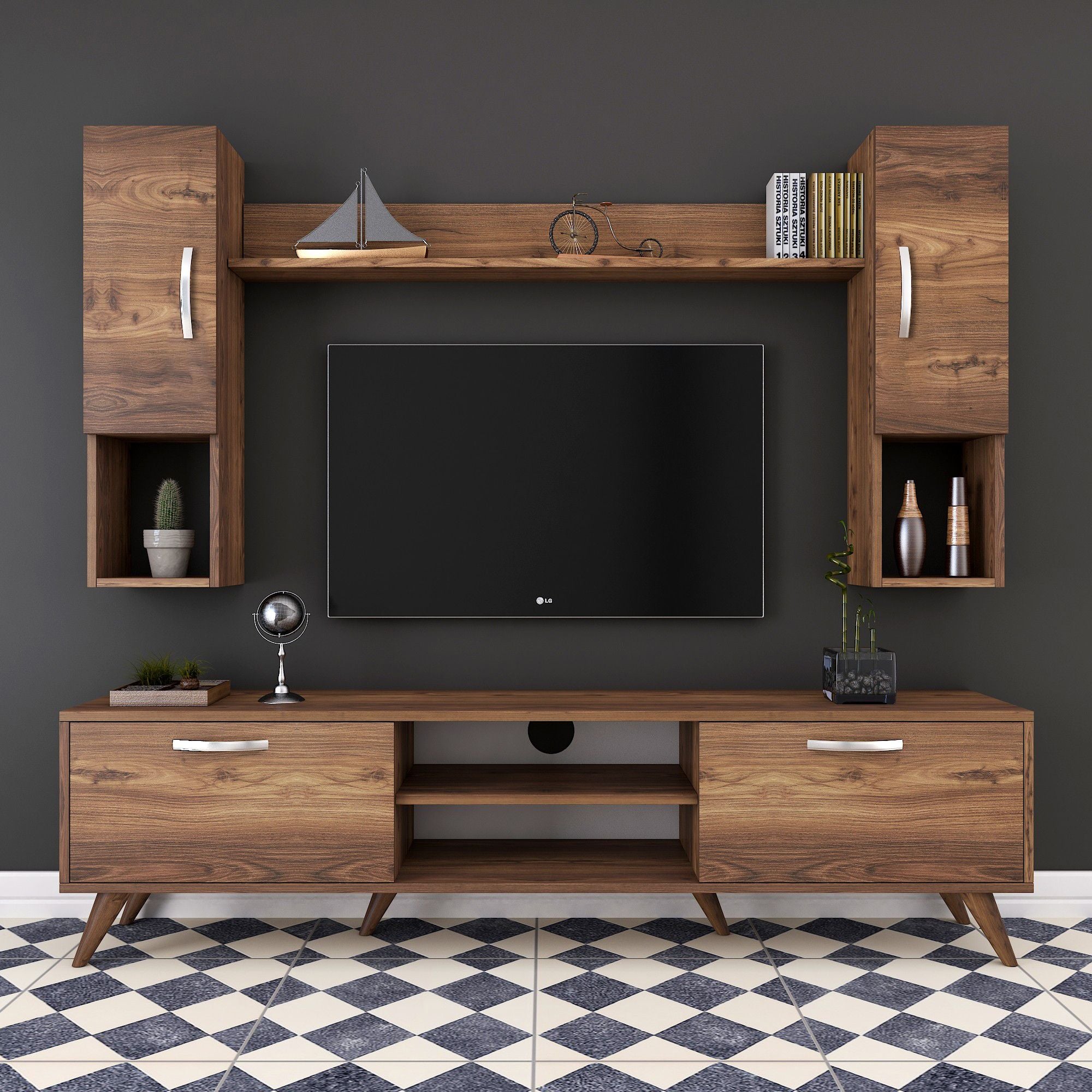 Rani A9 Tv Unit With Wall Shelf Tv Stand With Bookshelf Wall Mounted With Shelf Modern Leg 180 cm Miniature Walnut M27