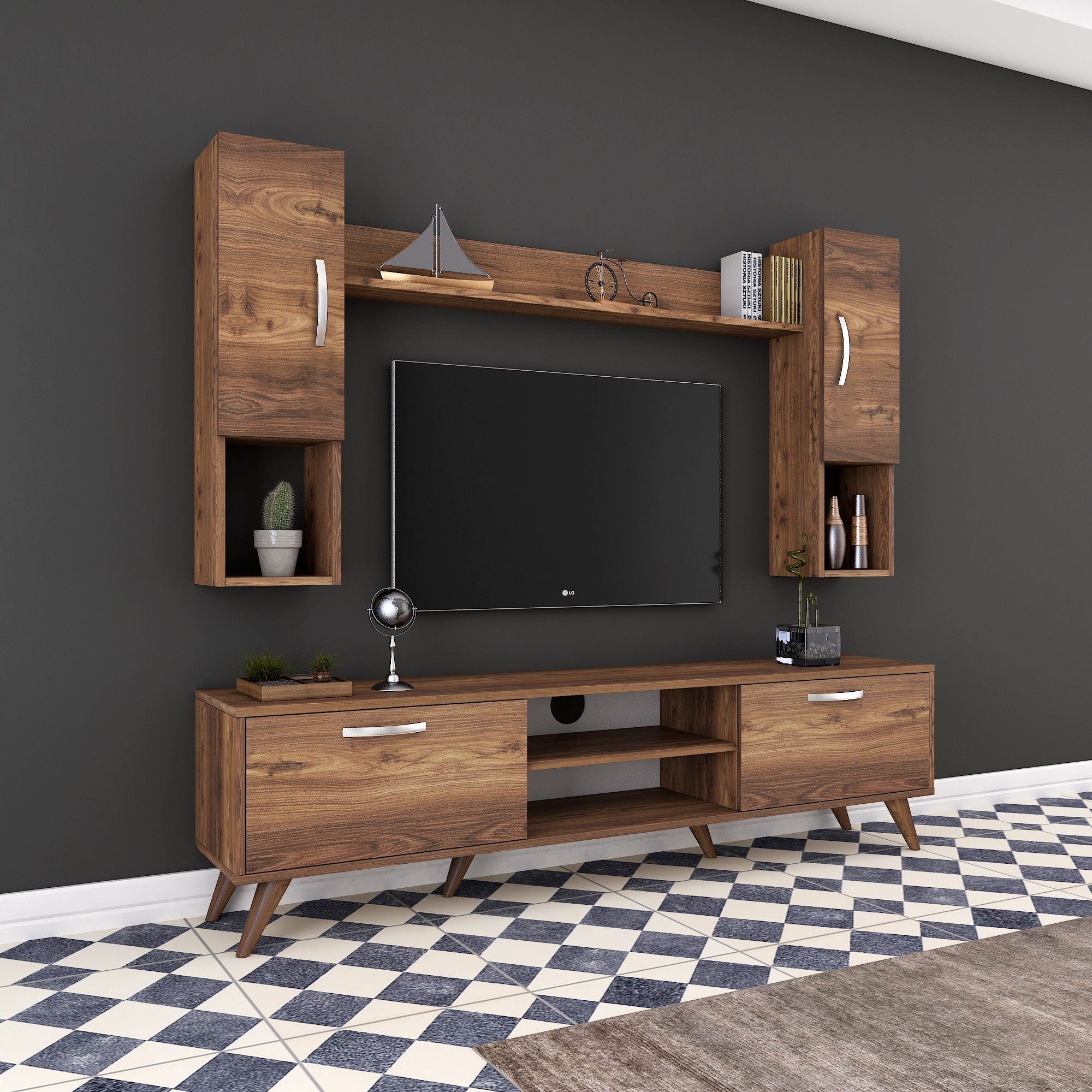 Rani A9 Duvar Raflı Tv Ünitesi Kitaplıklı Tv Sehpası Duvara Monte Raflı Modern Ayaklı 180 cm Minyatür Ceviz M27