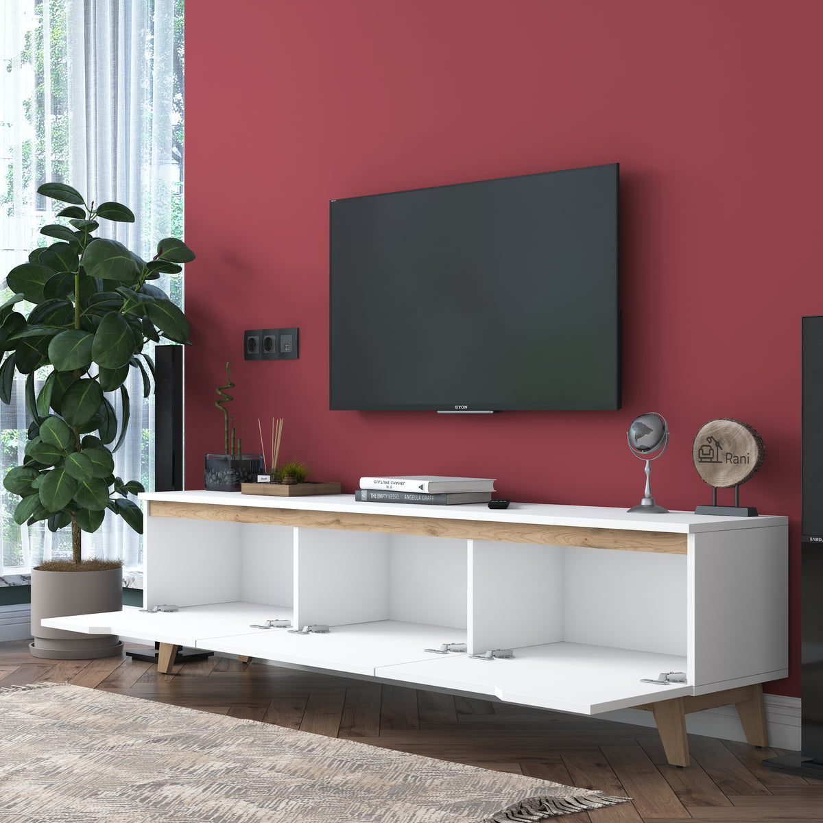 Rani D1 Tv Ünitesi Modern Ayaklı Tv Sehpası 180 cm Beyaz - Sepet Ceviz