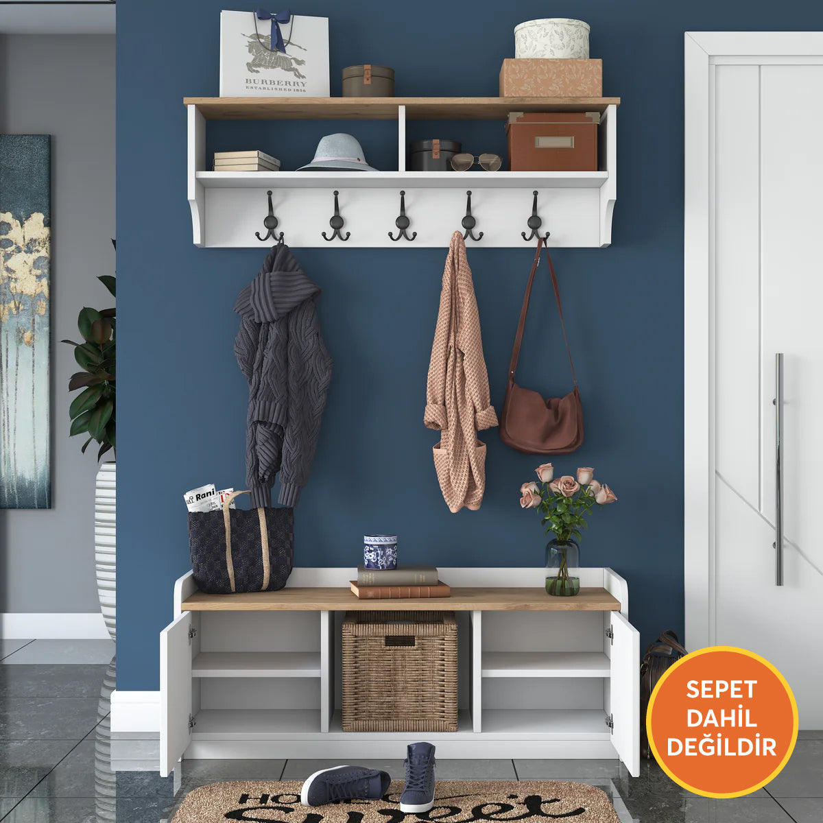 Rani P2 Modern Portmanto Ayakkabılık ve Duvar Askısı Vestiyer M1 Renk: Beyaz - S. Ceviz