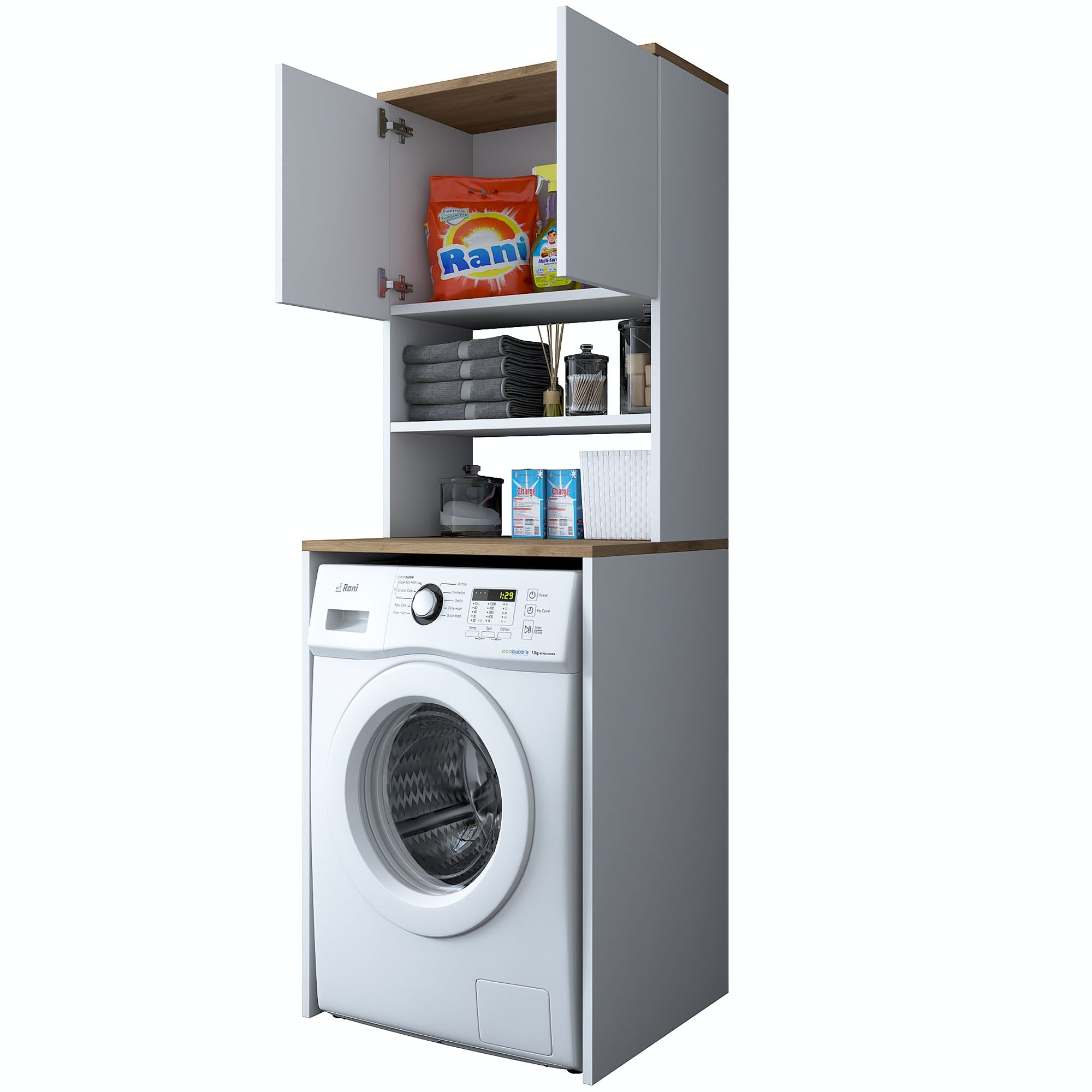 Rani KD101 Çamaşır Makinesi Dolabı 3 Raflı Kapaklı Banyo Dolabı Beyaz - Sepet Ceviz