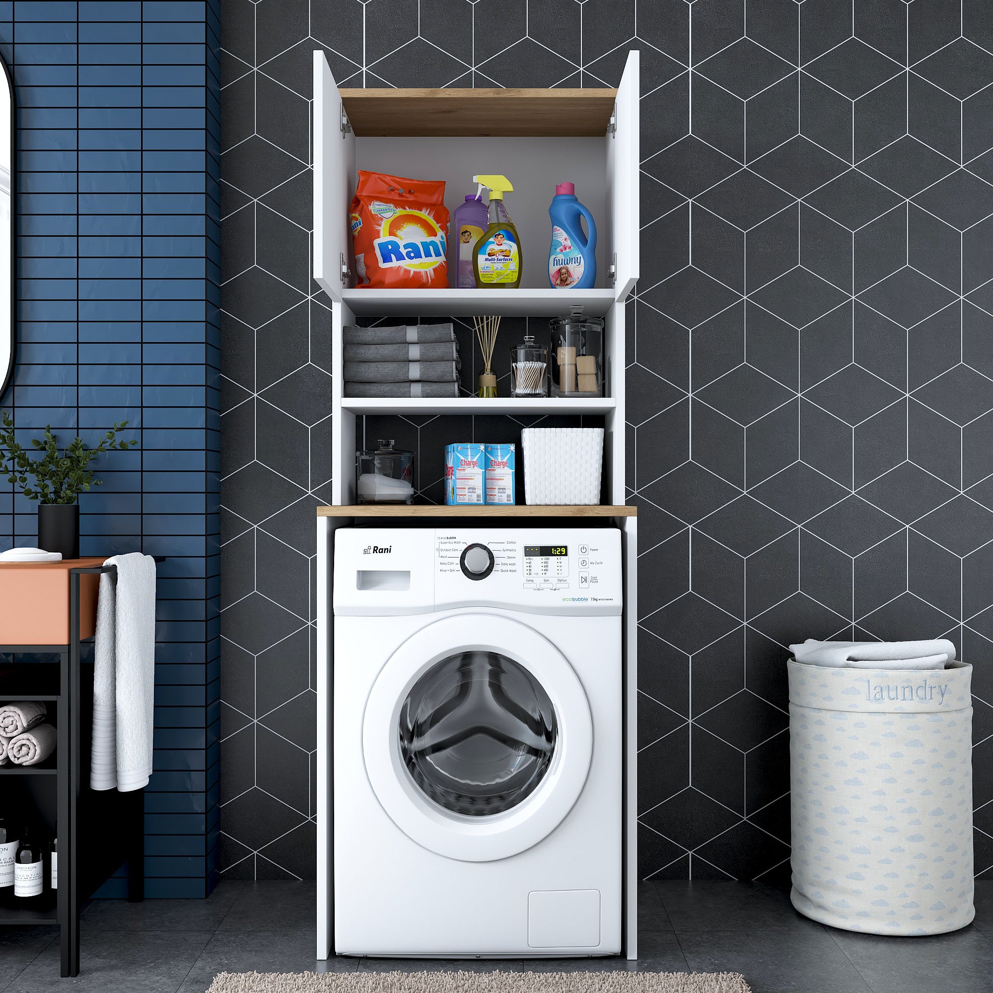 Rani KD101 Çamaşır Makinesi Dolabı 3 Raflı Kapaklı Banyo Dolabı Beyaz - Sepet Ceviz