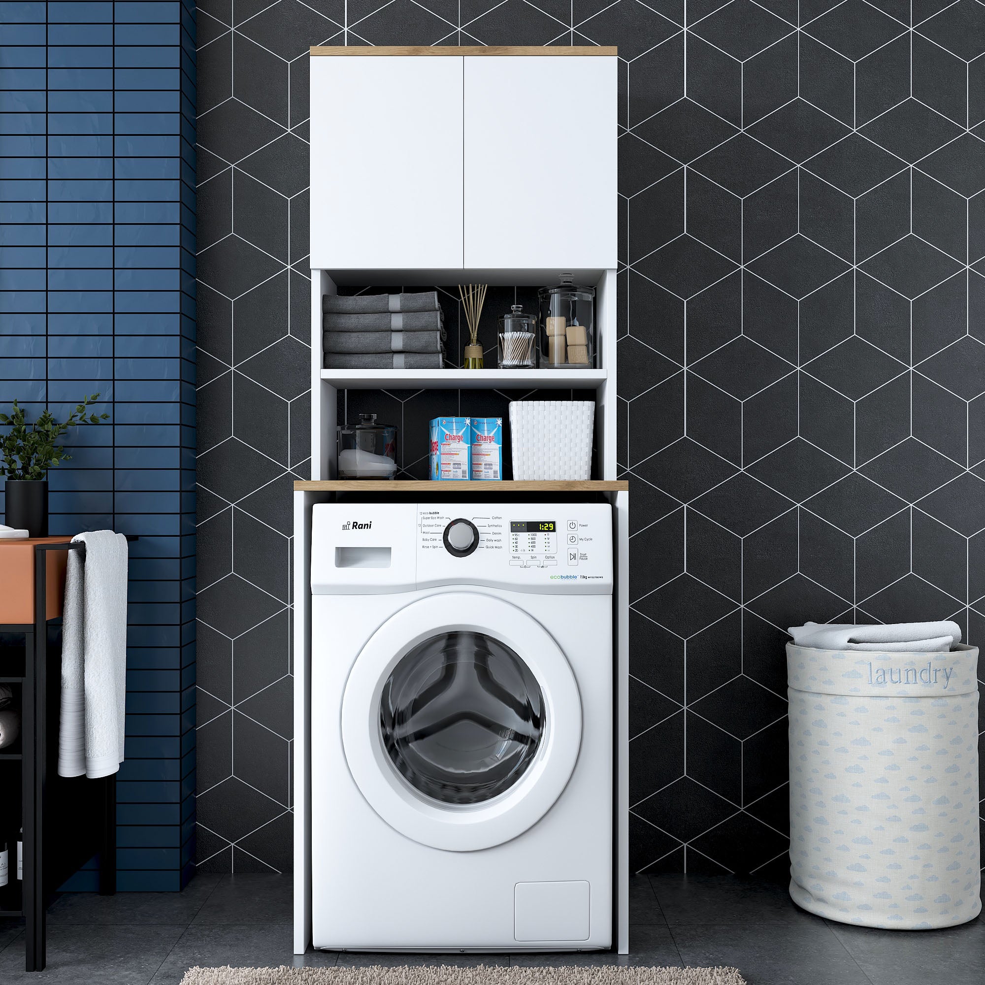 Rani KD101 Çamaşır Makinesi Dolabı 3 Raflı Kapaklı Banyo Dolabı Beyaz - Sepet Ceviz
