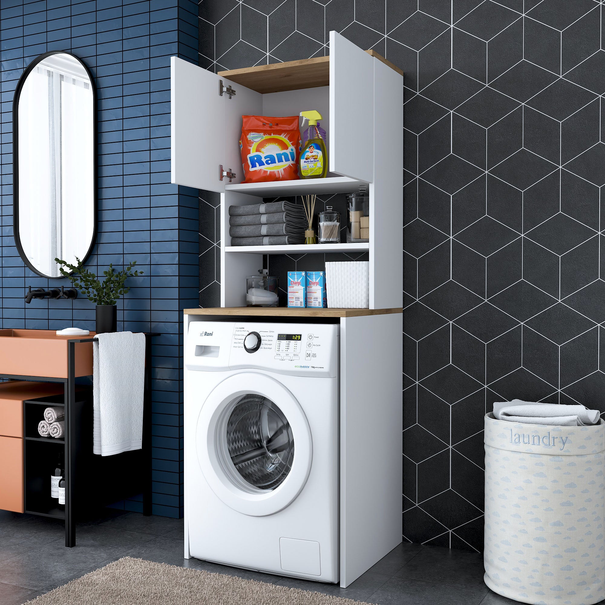 Rani KD101 Çamaşır Makinesi Dolabı 3 Raflı Kapaklı Banyo Dolabı Beyaz - Sepet Ceviz