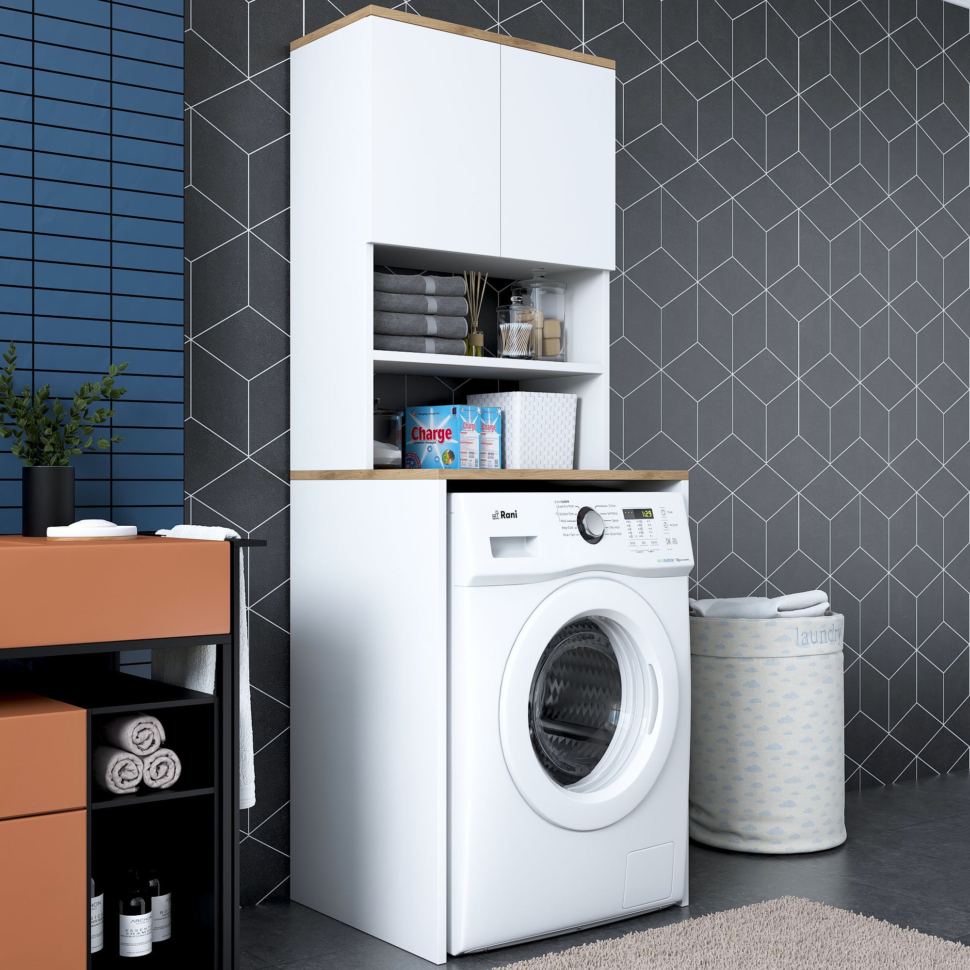 Rani KD101 Çamaşır Makinesi Dolabı 3 Raflı Kapaklı Banyo Dolabı Beyaz - Sepet Ceviz