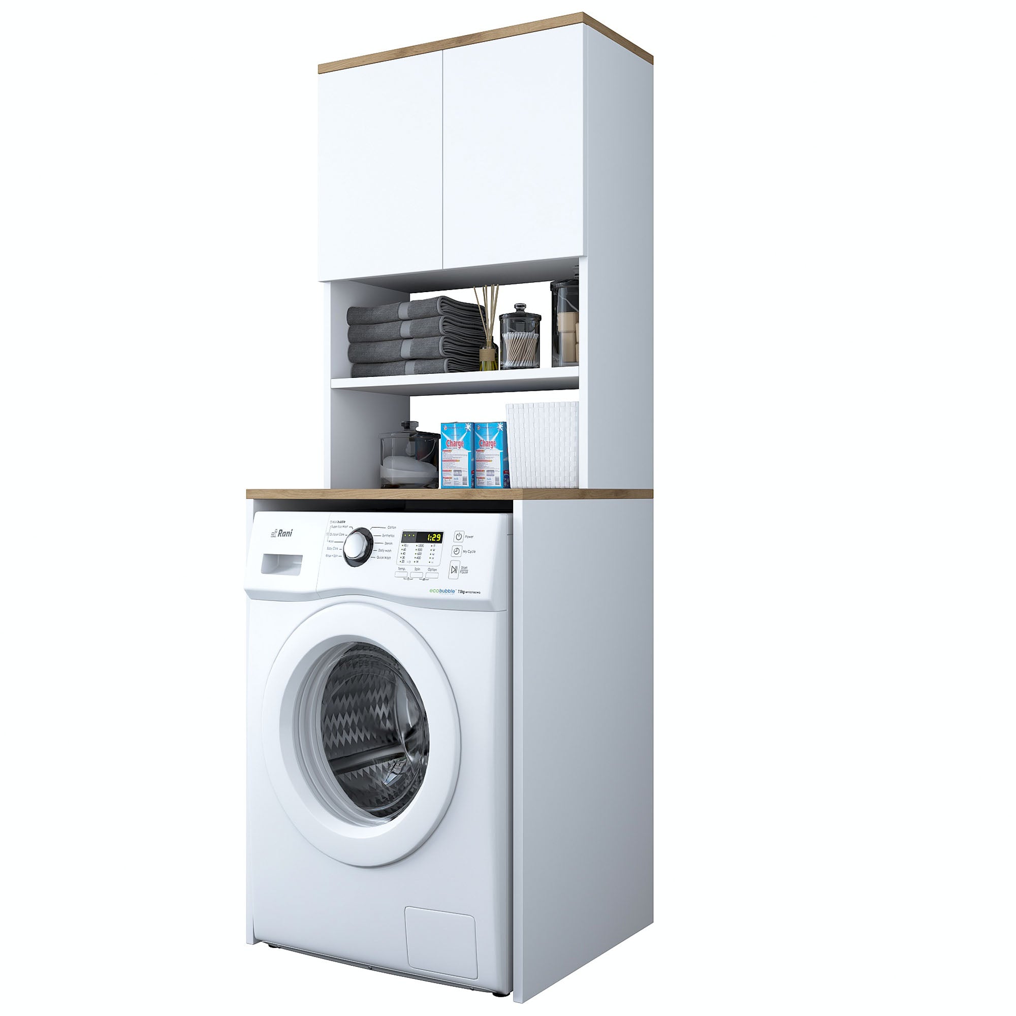 Rani KD101 Çamaşır Makinesi Dolabı 3 Raflı Kapaklı Banyo Dolabı Beyaz - Sepet Ceviz