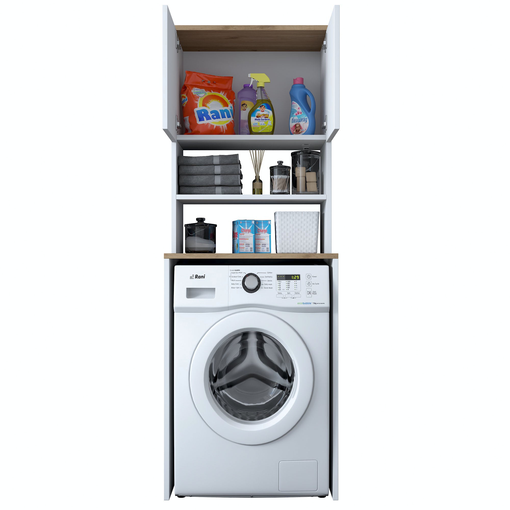 Rani KD101 Çamaşır Makinesi Dolabı 3 Raflı Kapaklı Banyo Dolabı Beyaz - Sepet Ceviz
