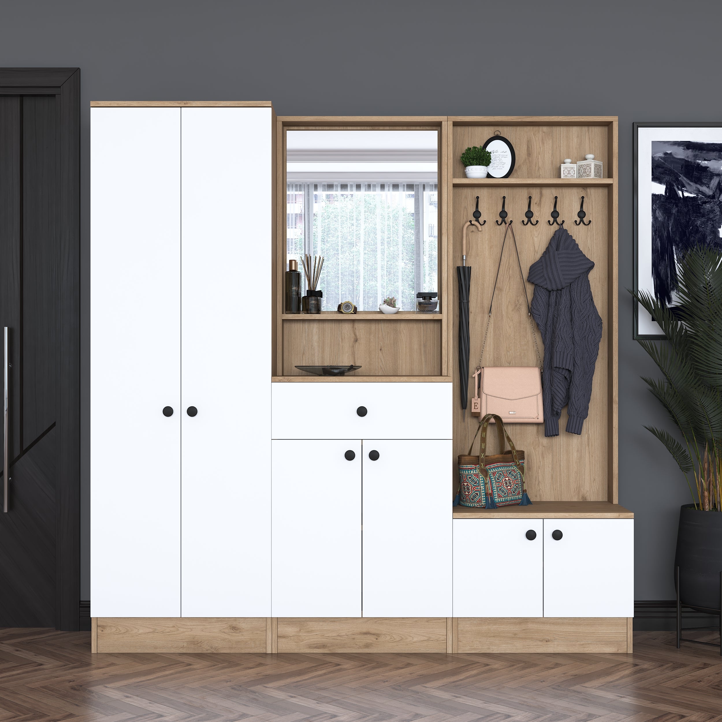 Rani P6 Modern Çekmeceli Aynalı Raflı Portmanto Ayakkabılık Vestiyer Sepet Ceviz - Beyaz M2