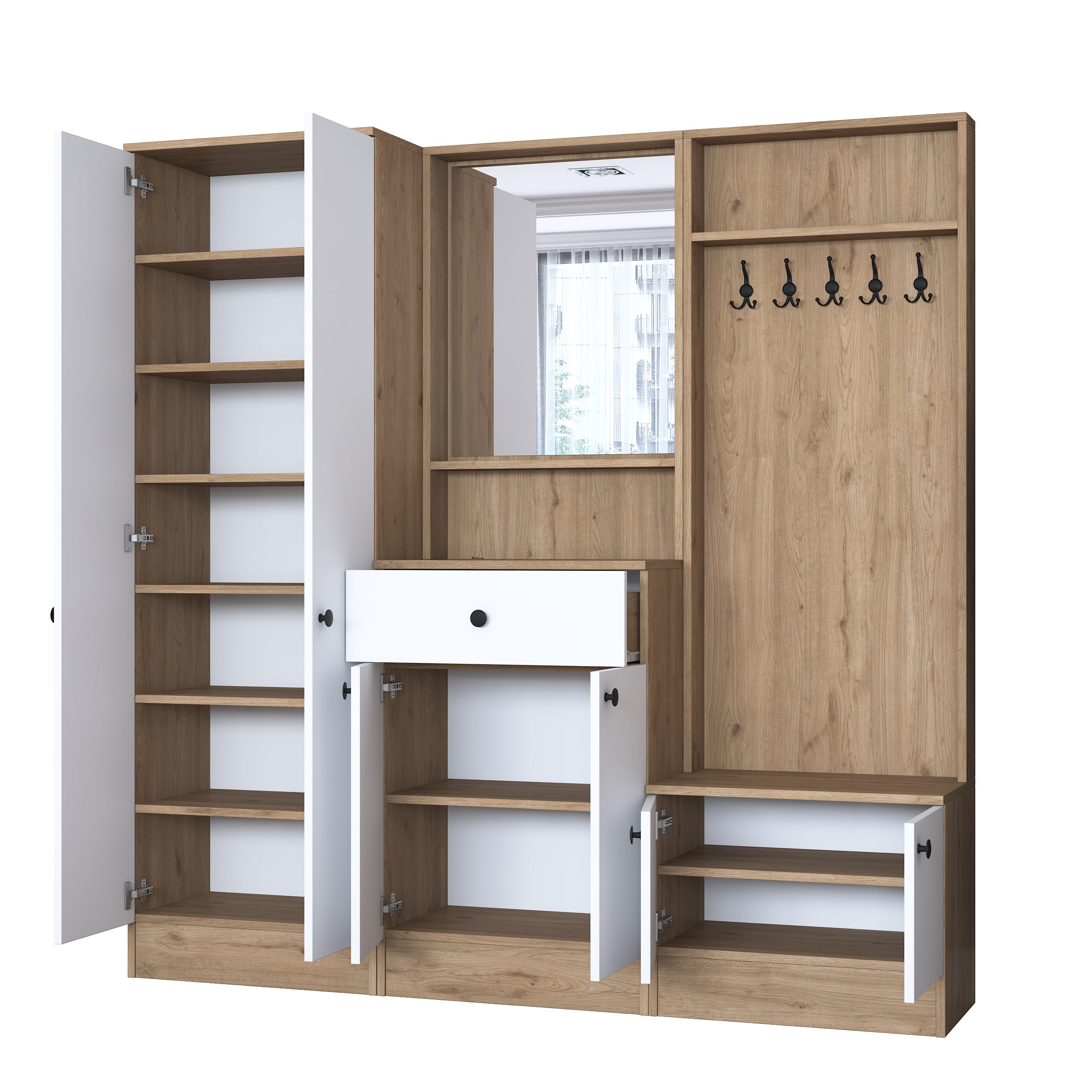 Rani P6 Modern Çekmeceli Aynalı Raflı Portmanto Ayakkabılık Vestiyer Sepet Ceviz - Beyaz M2
