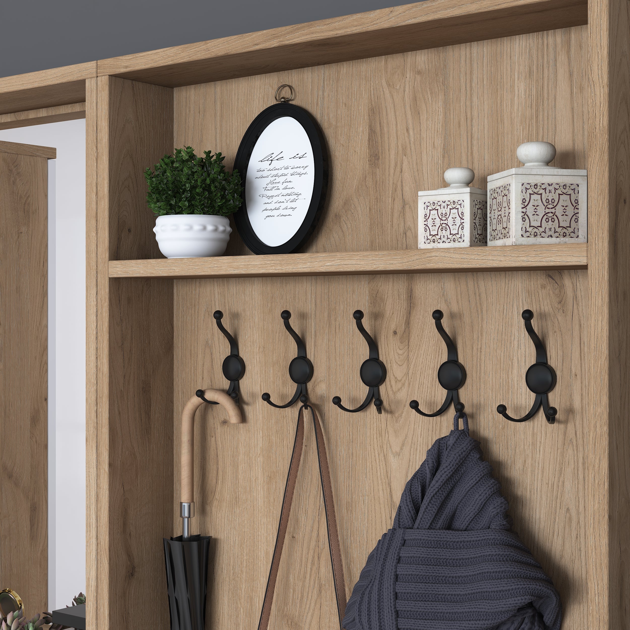 Rani P6 Modern Çekmeceli Aynalı Raflı Portmanto Ayakkabılık Vestiyer Sepet Ceviz - Beyaz M2