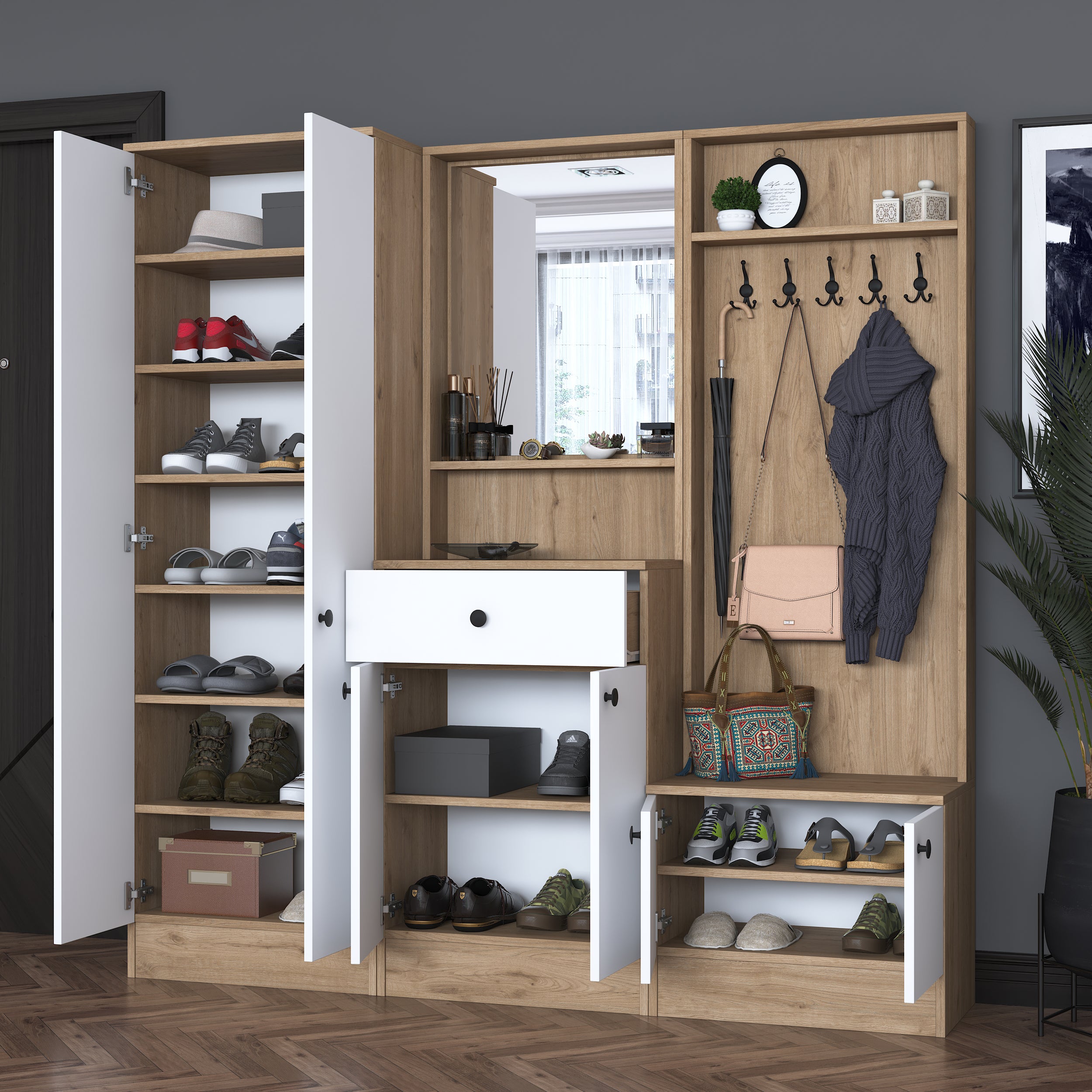Rani P6 Modern Çekmeceli Aynalı Raflı Portmanto Ayakkabılık Vestiyer Sepet Ceviz - Beyaz M2