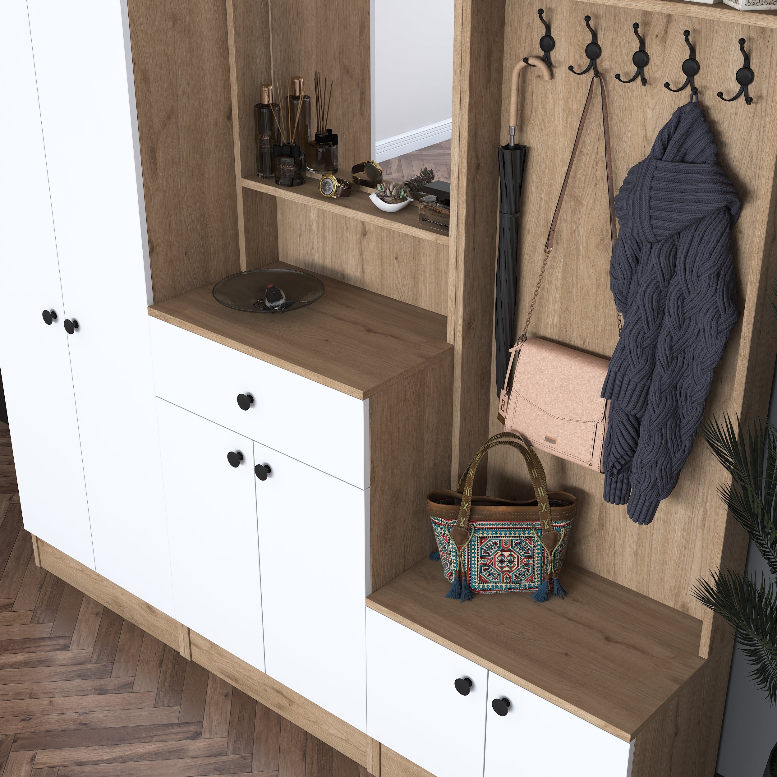 Rani P6 Modern Çekmeceli Aynalı Raflı Portmanto Ayakkabılık Vestiyer Sepet Ceviz - Beyaz M2