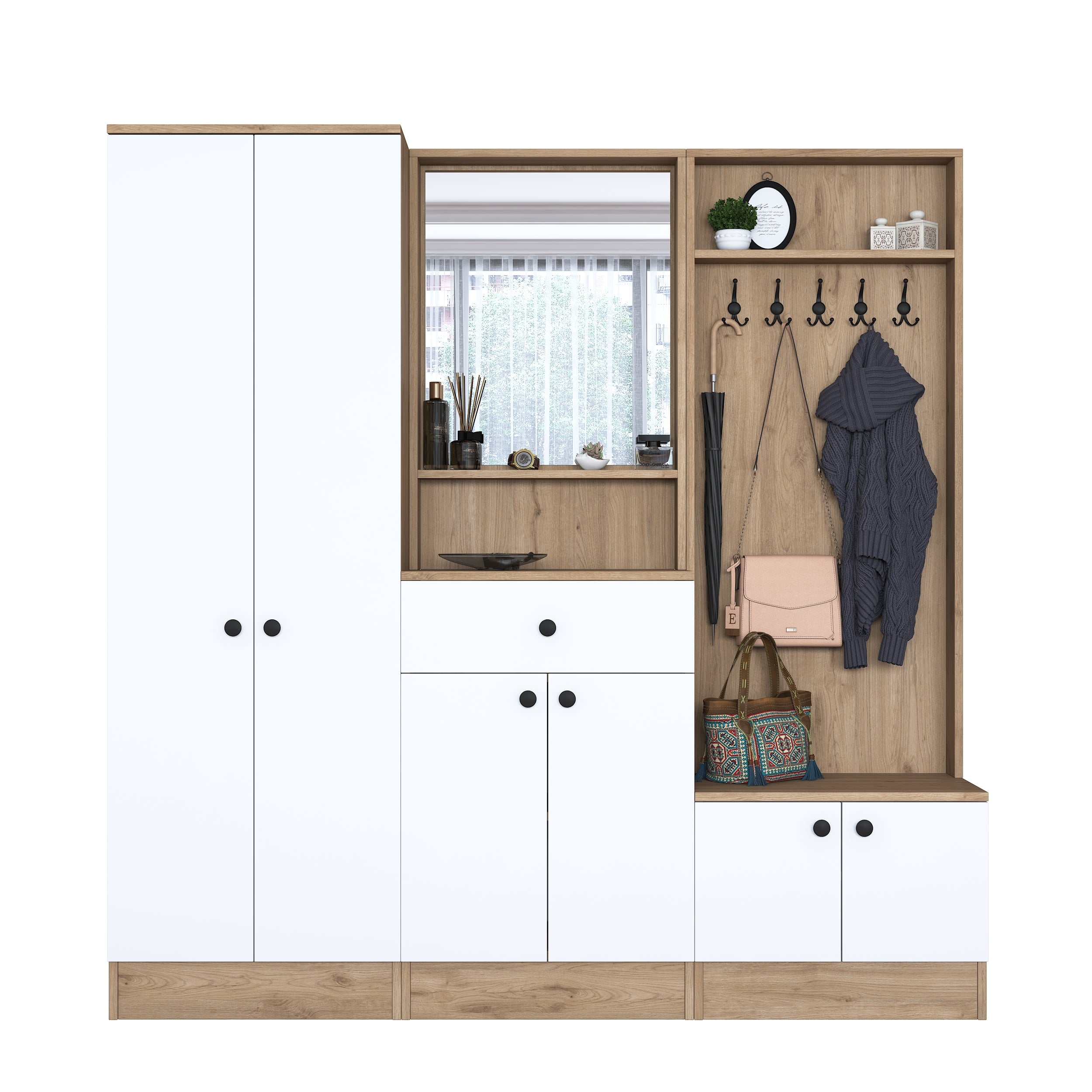 Rani P6 Modern Çekmeceli Aynalı Raflı Portmanto Ayakkabılık Vestiyer Sepet Ceviz - Beyaz M2