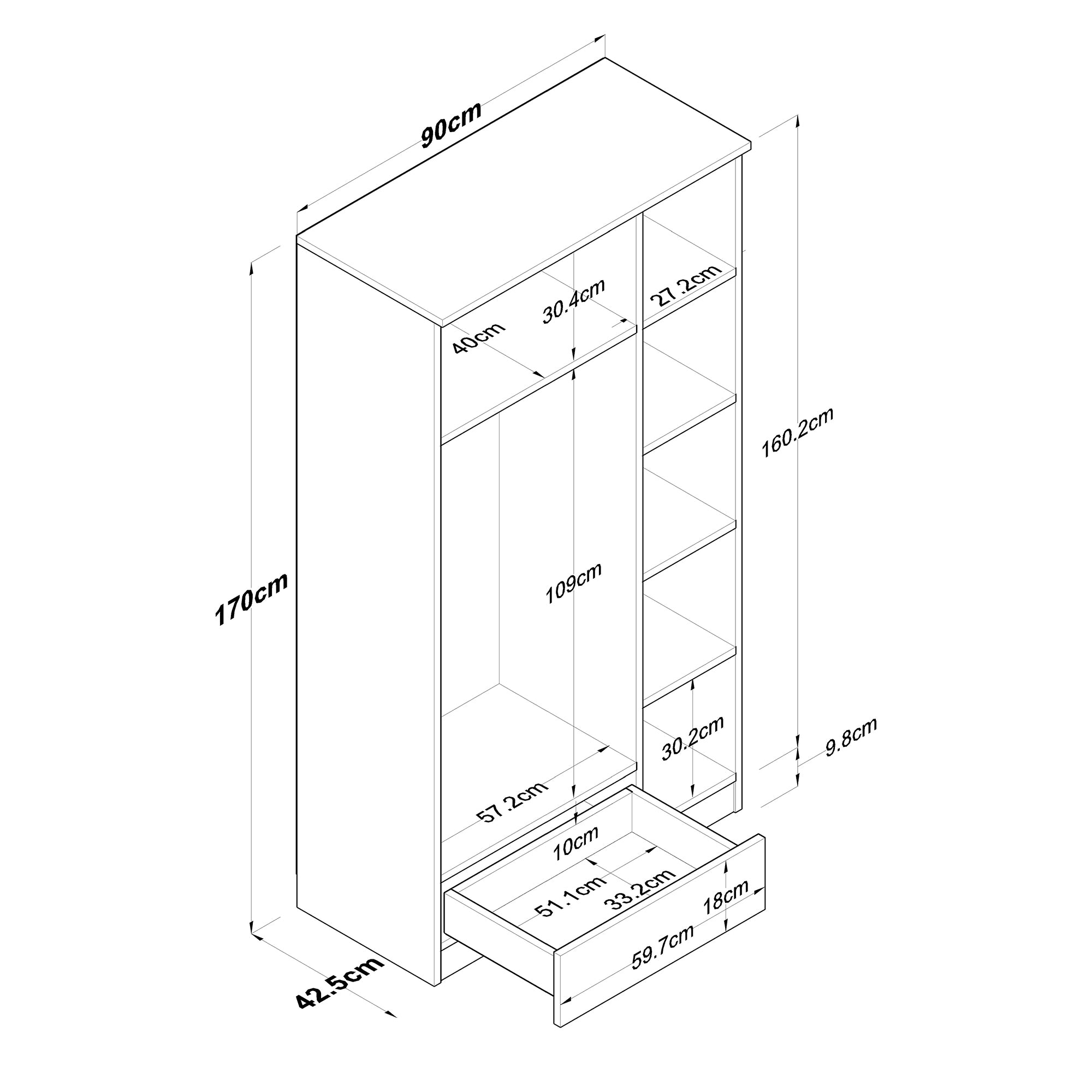 Rani BA117 Wardrobe Clothes Cabinet 3 Doors 1 Drawer 7 Shelves 1 Hanger Basket Walnut - White
