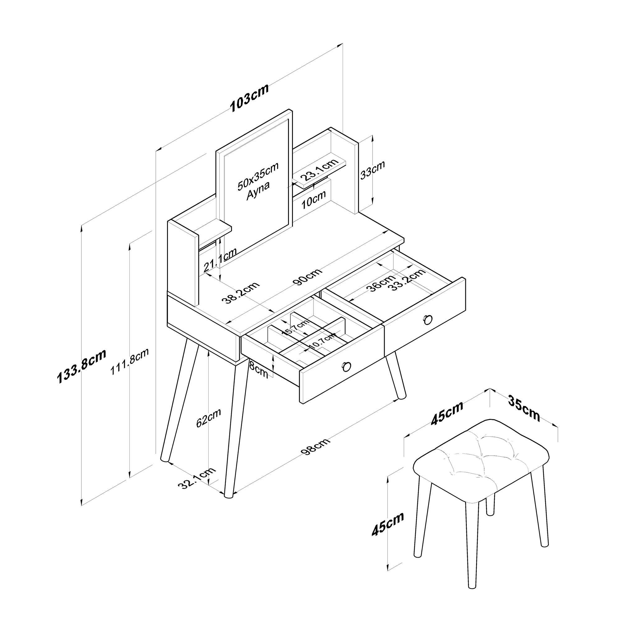 Rani BJ102 Makeup Dressing Table 2 Drawers Shelves Mirrored Jewelry Organizer + Stool Set White