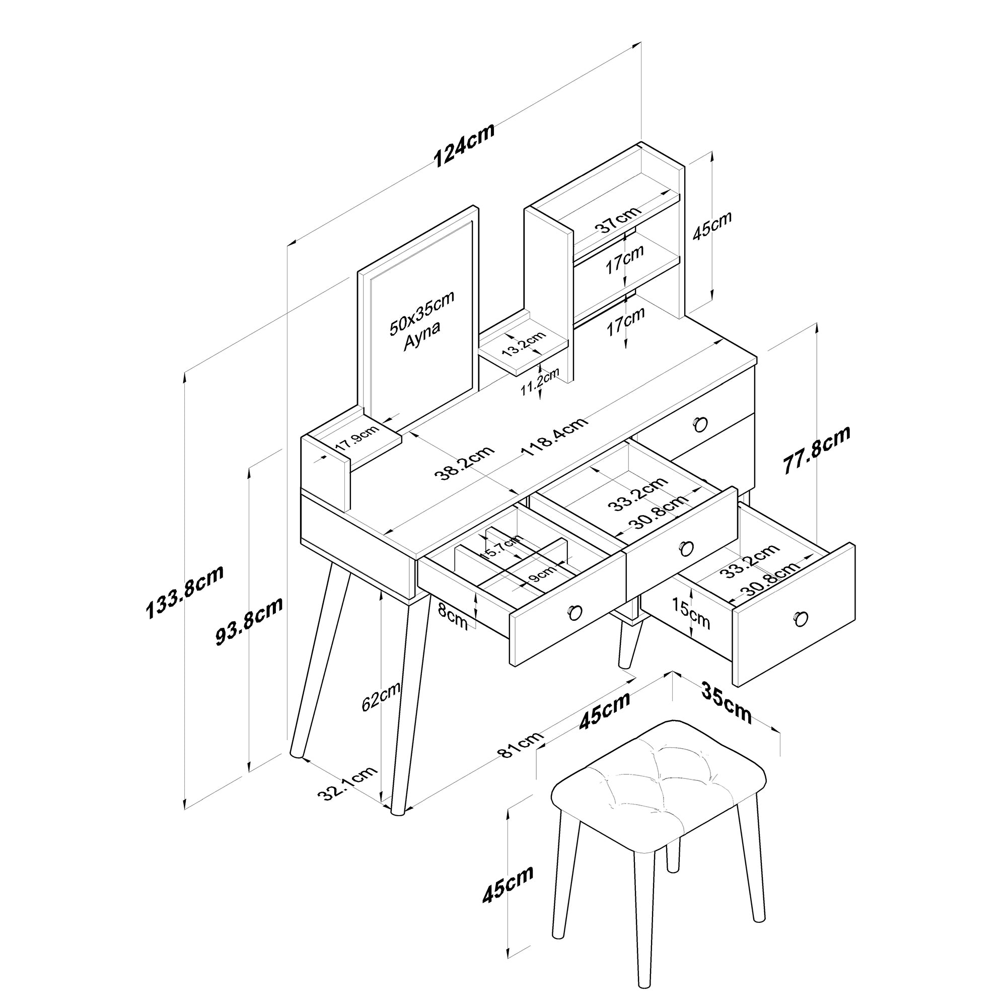 Rani BJ101 Makeup Dressing Table 5 Drawers Shelves Mirrored Jewelry Organizer Pouf Set White