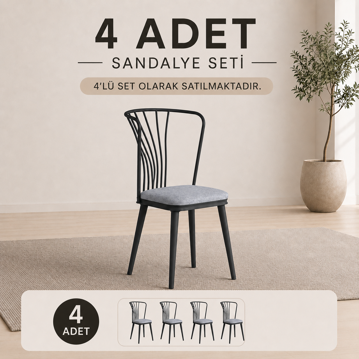 Rani JB104 Metal Sandalye 4'lü Mutfak Yemek Masası Sandalyesi Açık Gri