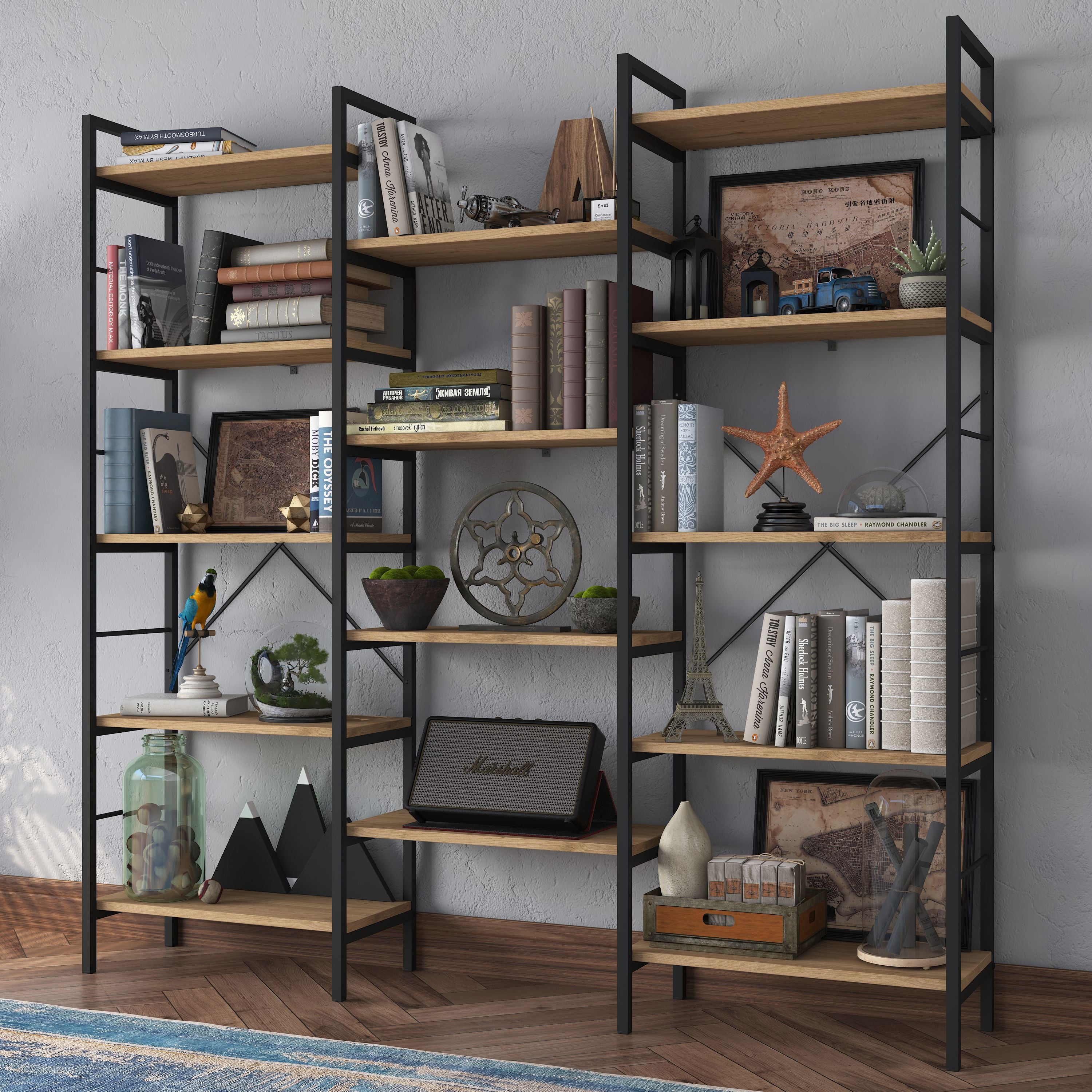 Rani HC107 Metal Large Bookcase with 14 Shelves Office Study Room Kids Room Basket Walnut