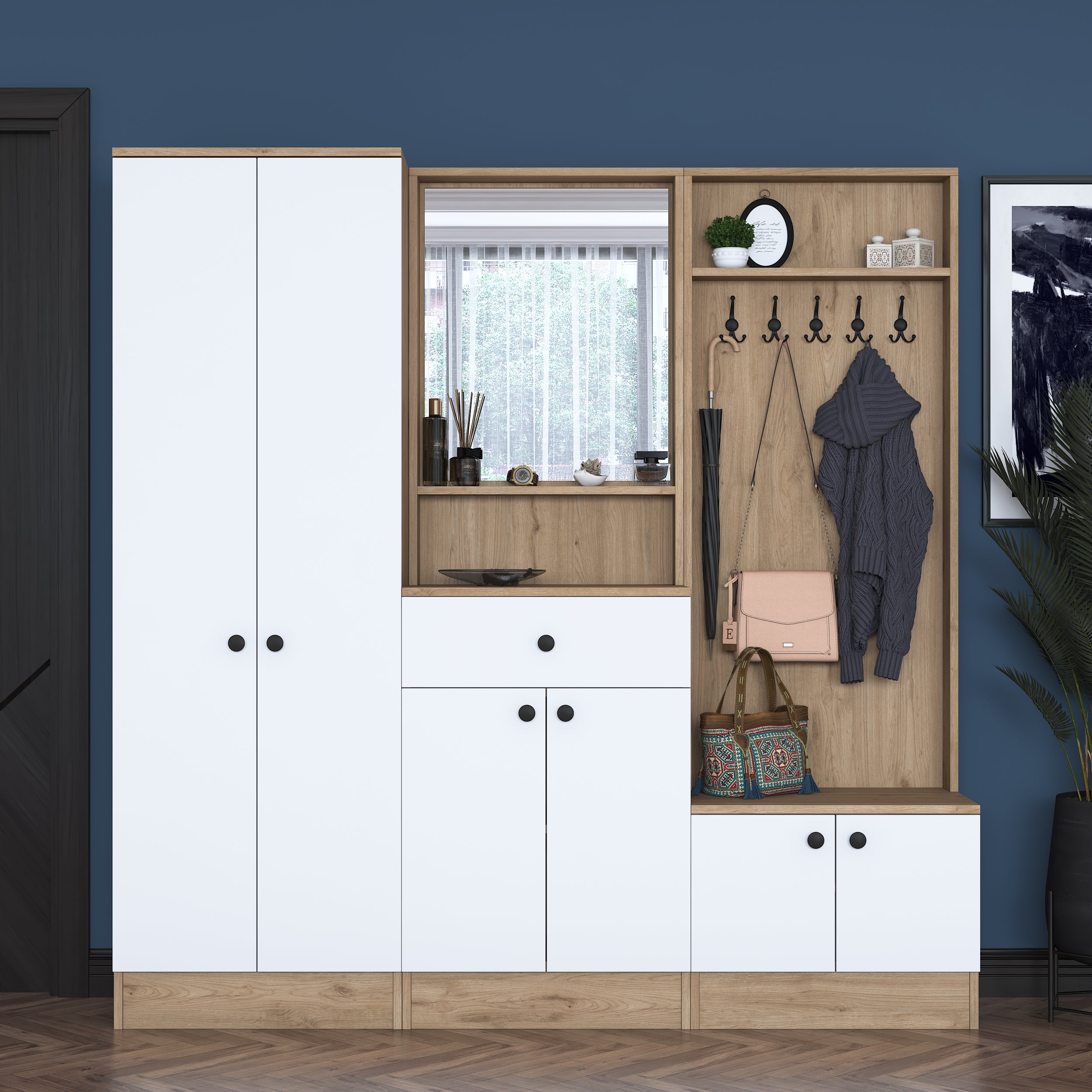 Rani P6 Modern Çekmeceli Aynalı Askılı Portmanto Ayakkabılık Vestiyer Sepet Ceviz - Beyaz M3