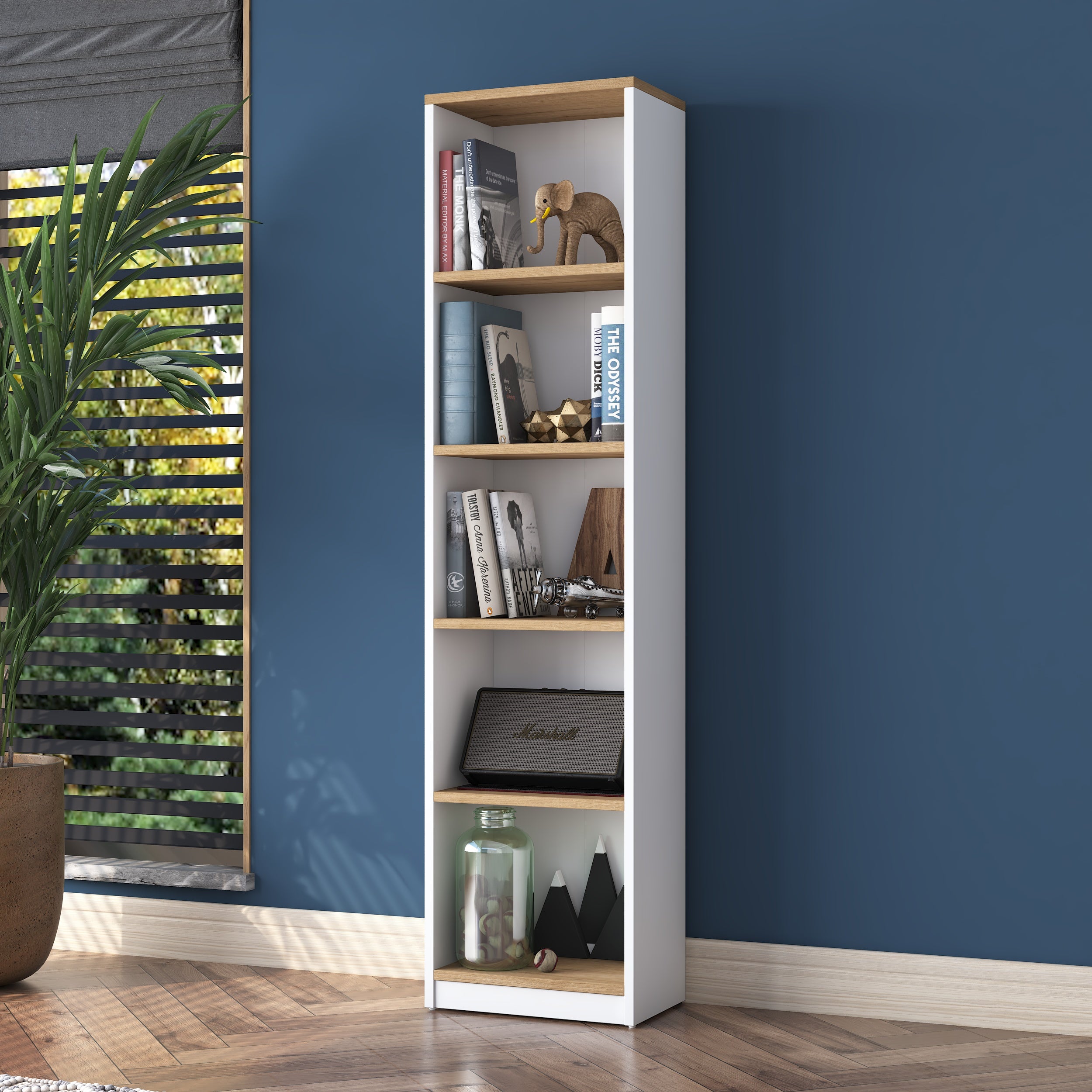 Rani HC111 Kitaplık 5 Raflı Çalışma Odası Kütüphane Modern Duvar Rafı Beyaz - Sepet Ceviz