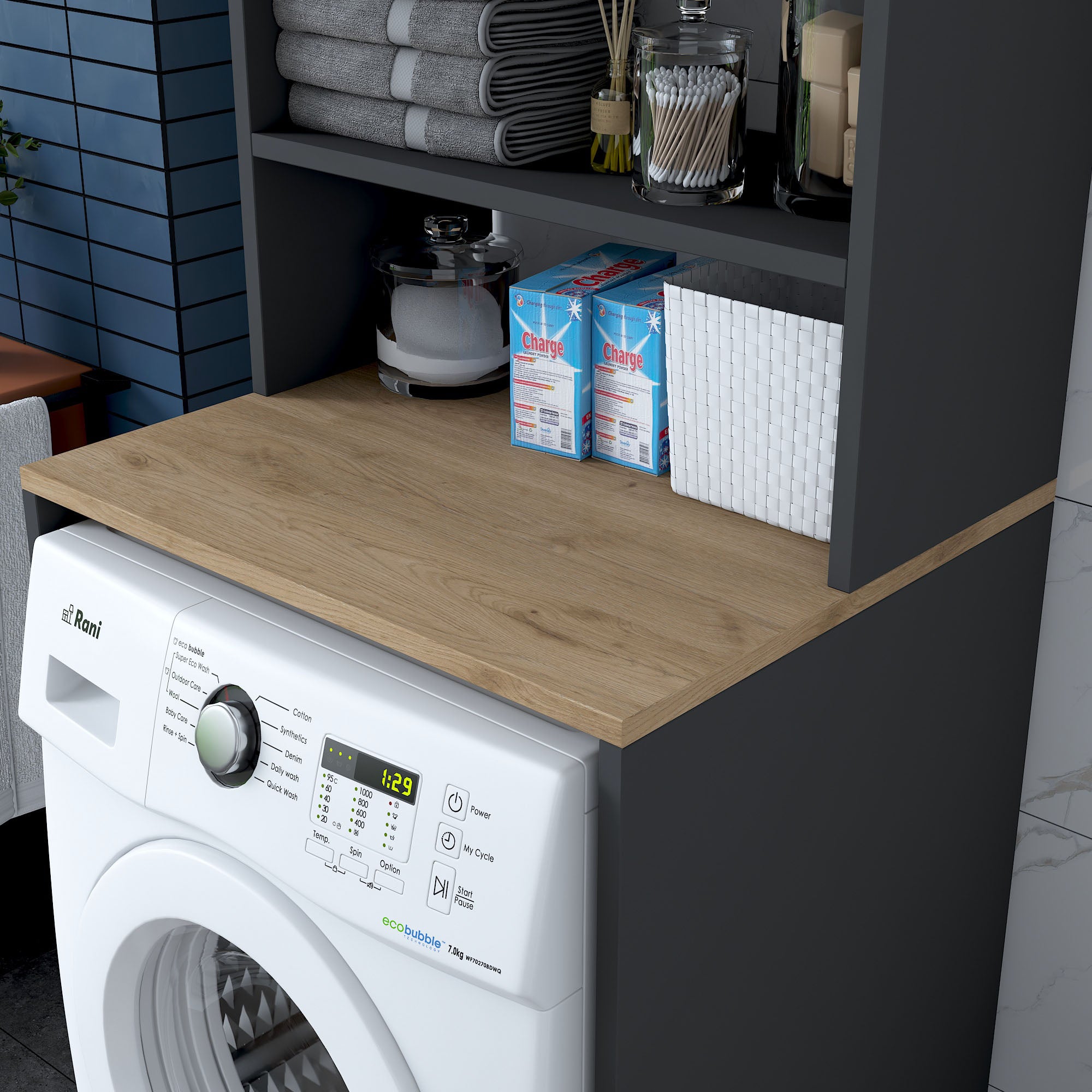 Rani KD101 Çamaşır Makinesi Dolabı 3 Raflı Kapaklı Banyo Dolabı Antrasit - Sepet Ceviz