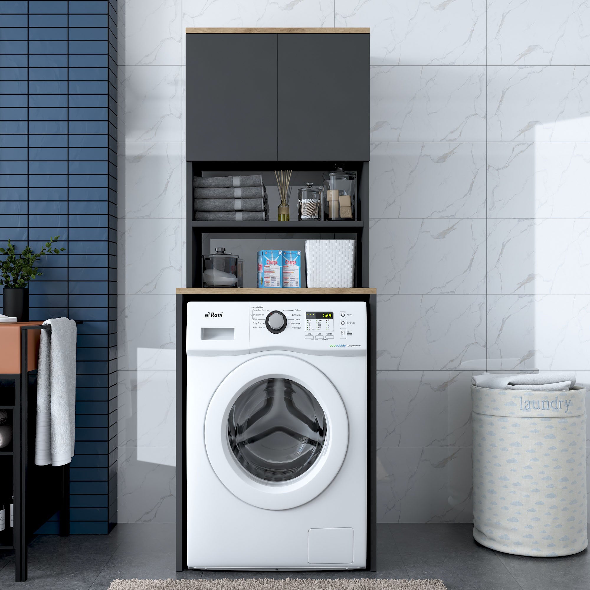 Rani KD101 Çamaşır Makinesi Dolabı 3 Raflı Kapaklı Banyo Dolabı Antrasit - Sepet Ceviz