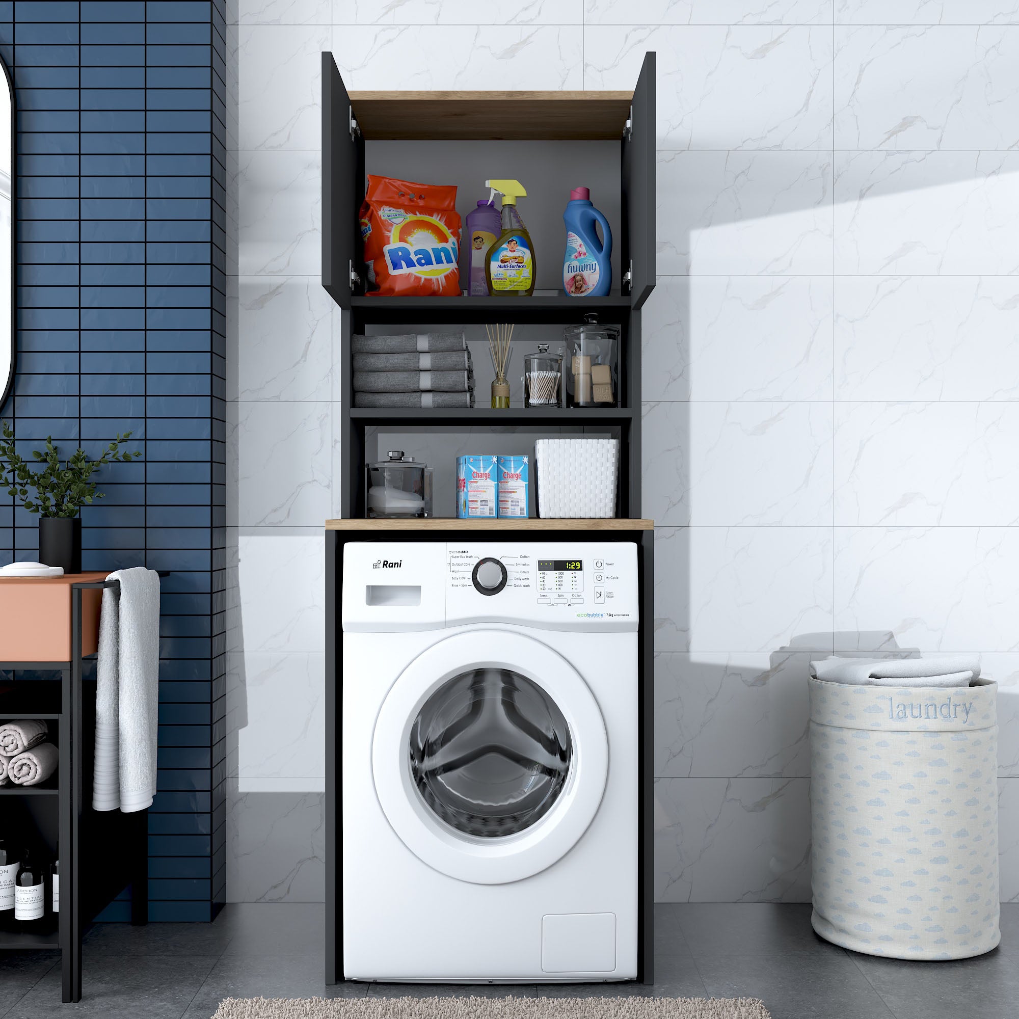 Rani KD101 Çamaşır Makinesi Dolabı 3 Raflı Kapaklı Banyo Dolabı Antrasit - Sepet Ceviz