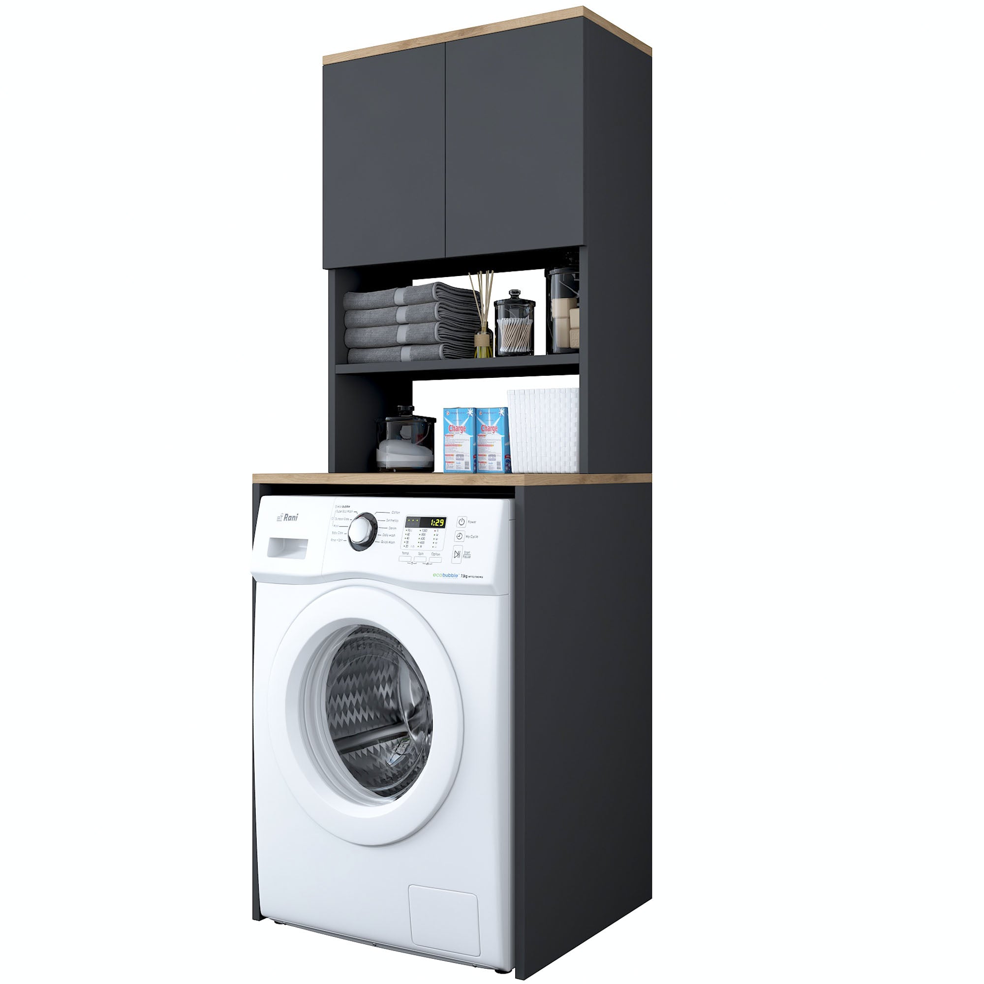 Rani KD101 Çamaşır Makinesi Dolabı 3 Raflı Kapaklı Banyo Dolabı Antrasit - Sepet Ceviz