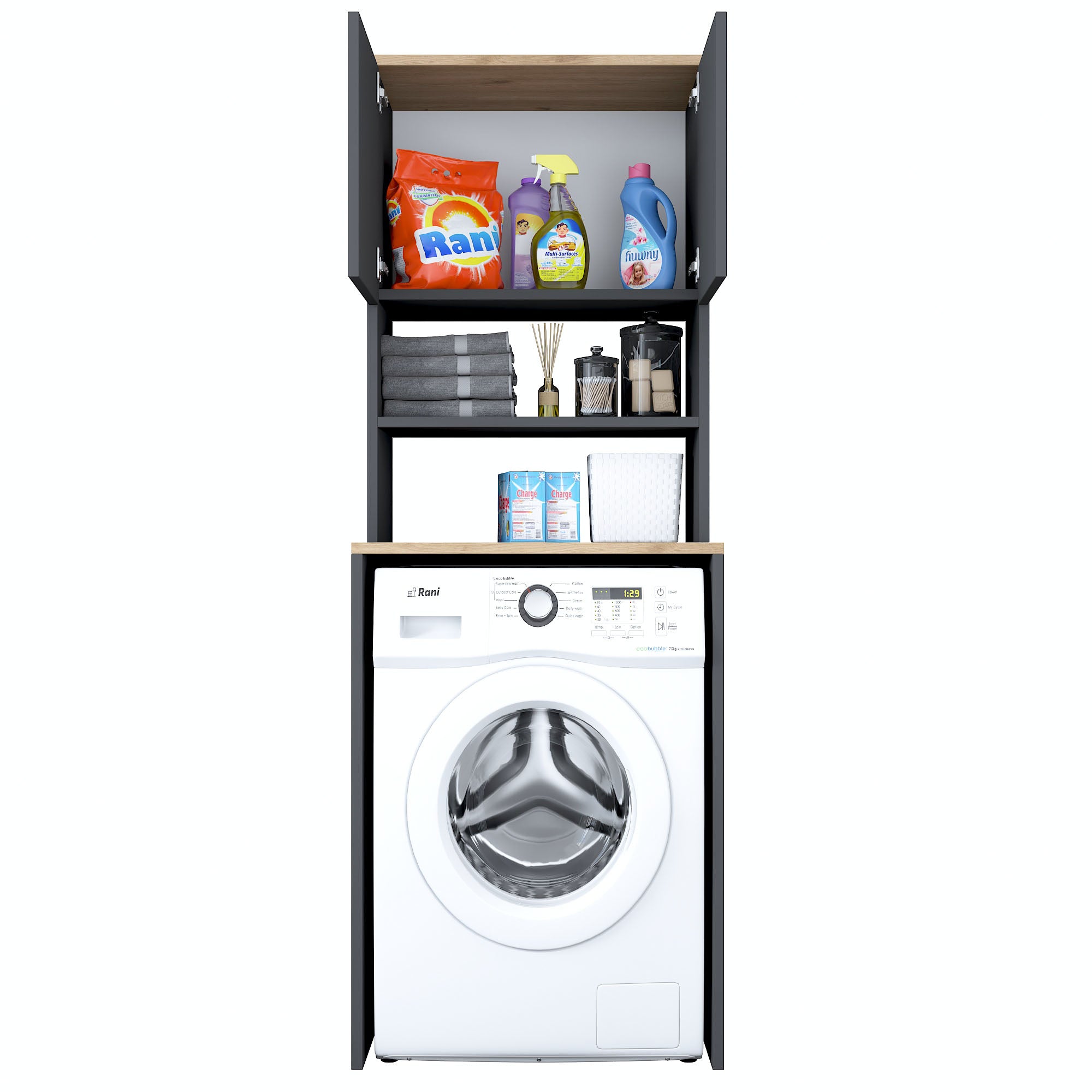 Rani KD101 Çamaşır Makinesi Dolabı 3 Raflı Kapaklı Banyo Dolabı Antrasit - Sepet Ceviz
