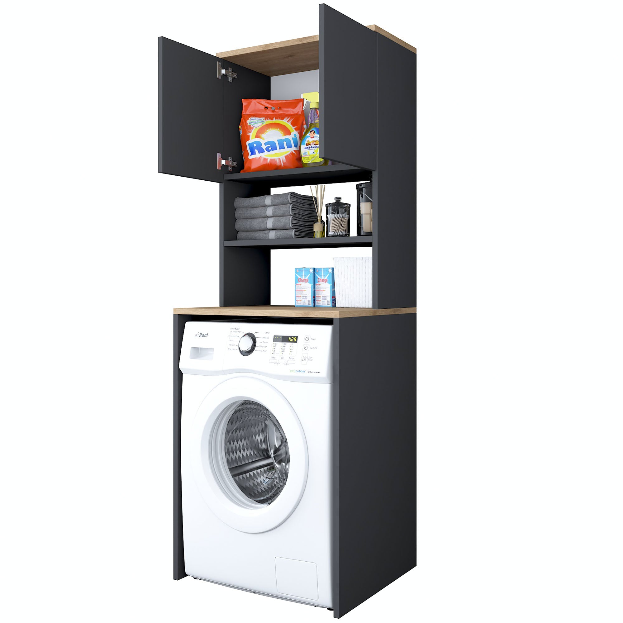 Rani KD101 Çamaşır Makinesi Dolabı 3 Raflı Kapaklı Banyo Dolabı Antrasit - Sepet Ceviz