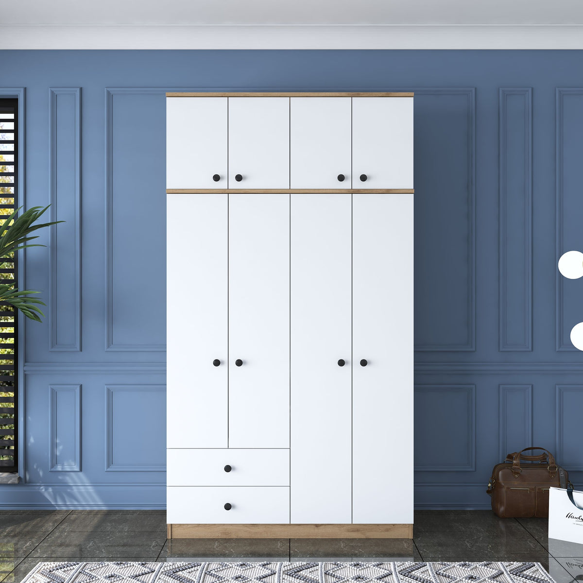 Rani BA121 Geniş Gardırop Elbise Dolabı 8 Kapaklı 2 Çekmeceli 1 Raflı 2 Askılı Sepet Ceviz - Beyaz