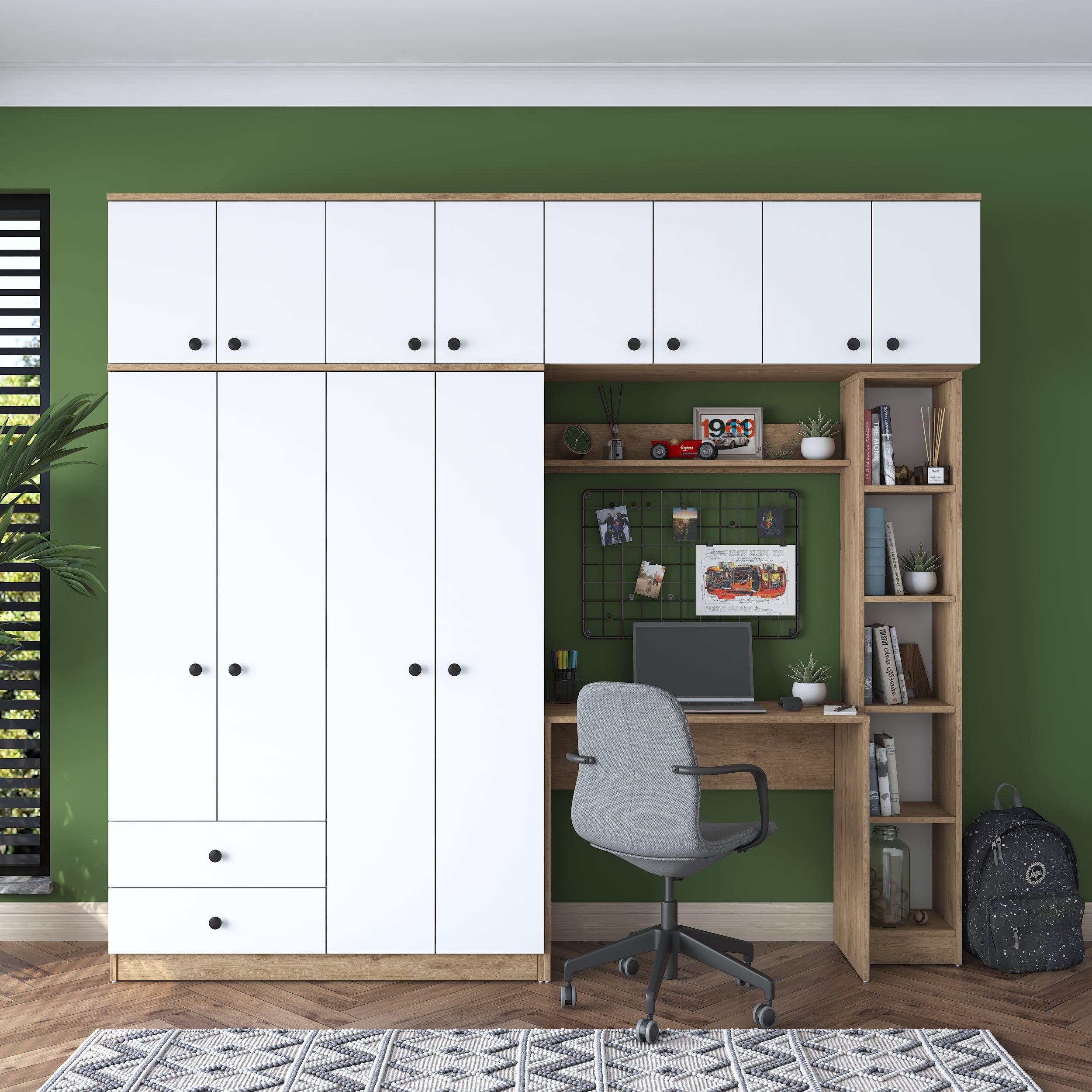 Rani BA122 Wide Wardrobe Open Shelf Clothes Wardrobe + Desk + Bookshelf Basket Walnut - White 216 x 240 Cm