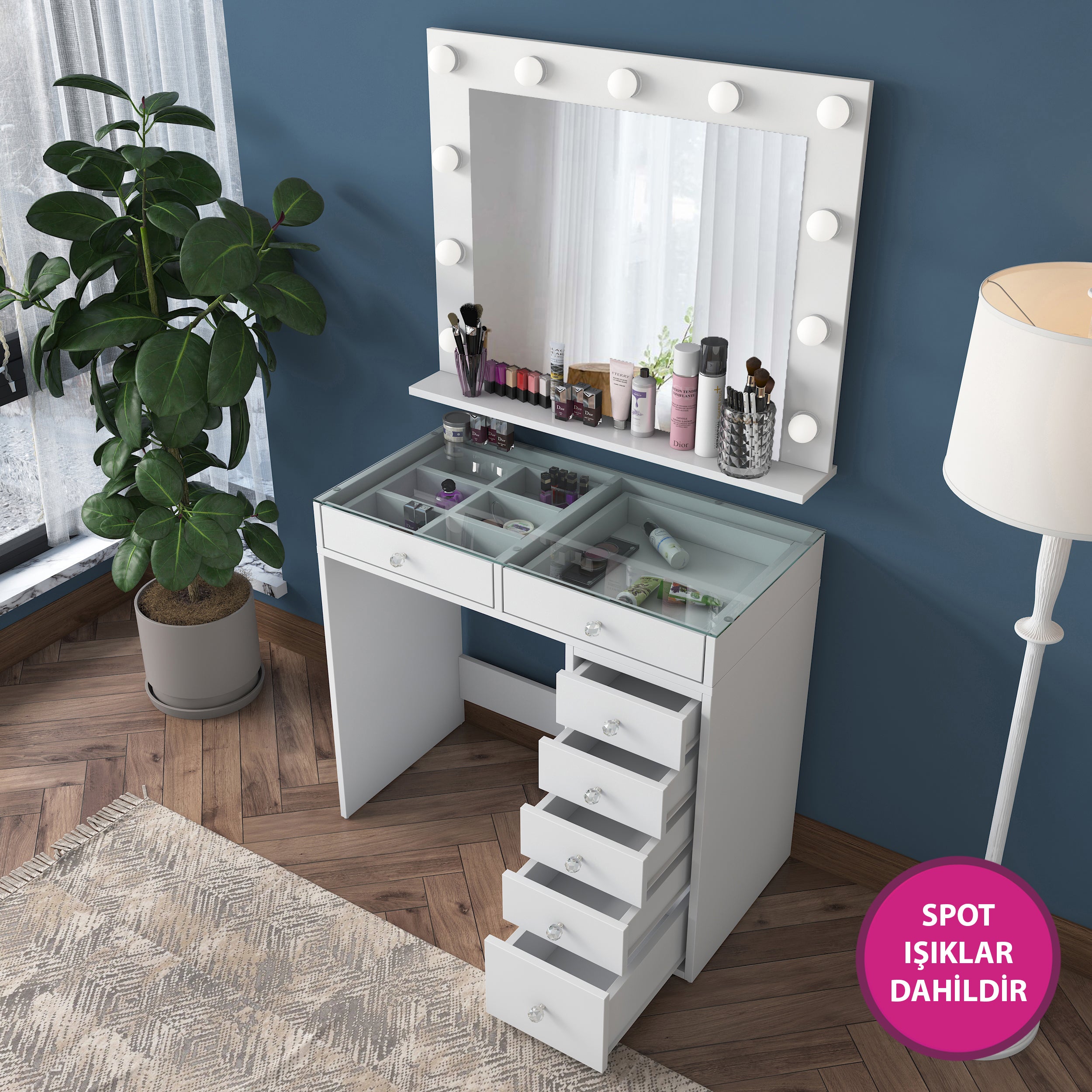 Rani BJ117 Hollywood Işıklı Aynalı Kulis Makyaj Masası Cam Tablalı 7 Çekmeceli Takı Düzenleyici Beyaz