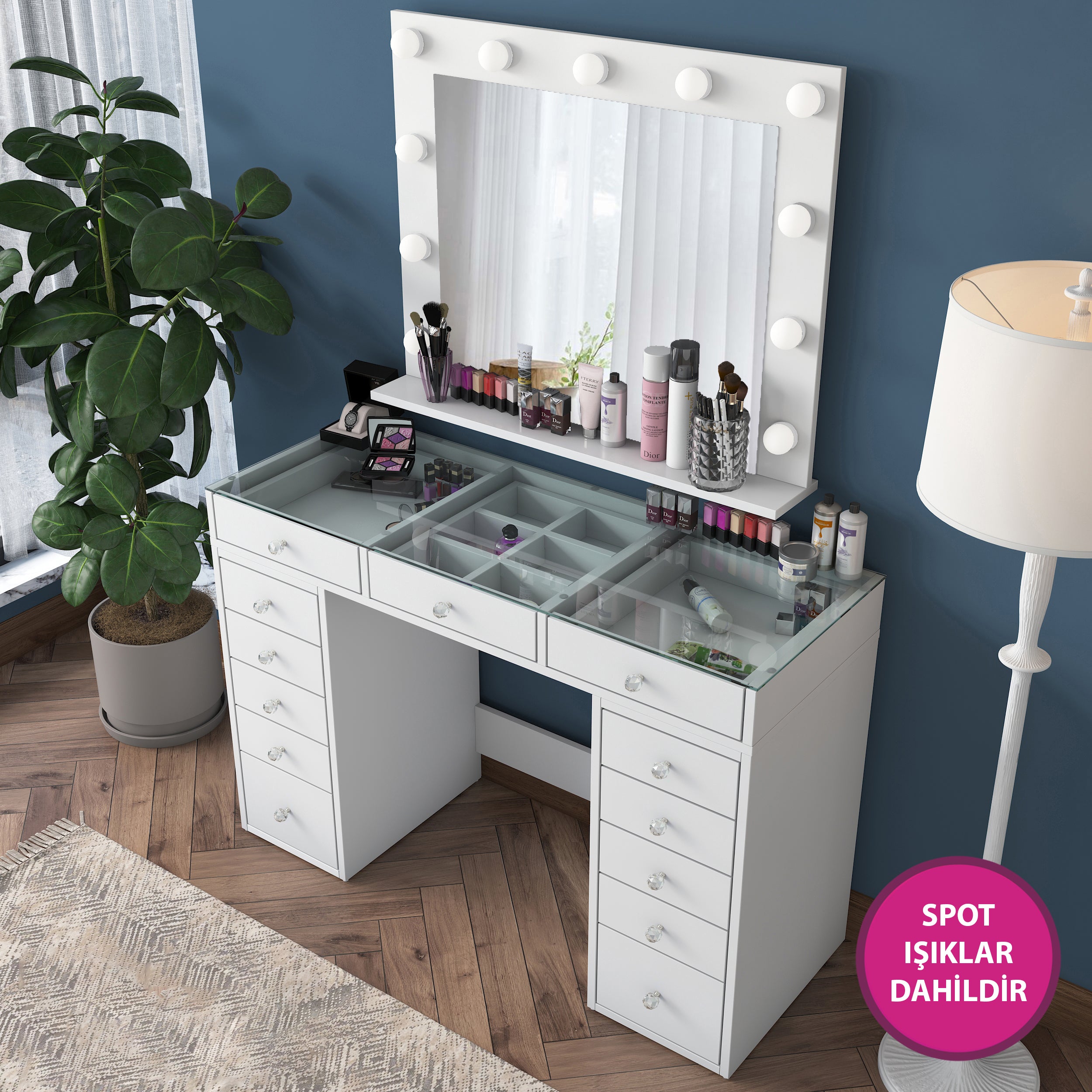 Rani BJ118 Hollywood Işıklı Aynalı Kulis Makyaj Masası Cam Tablalı 13 Çekmeceli Takı Düzenleyici Beyaz