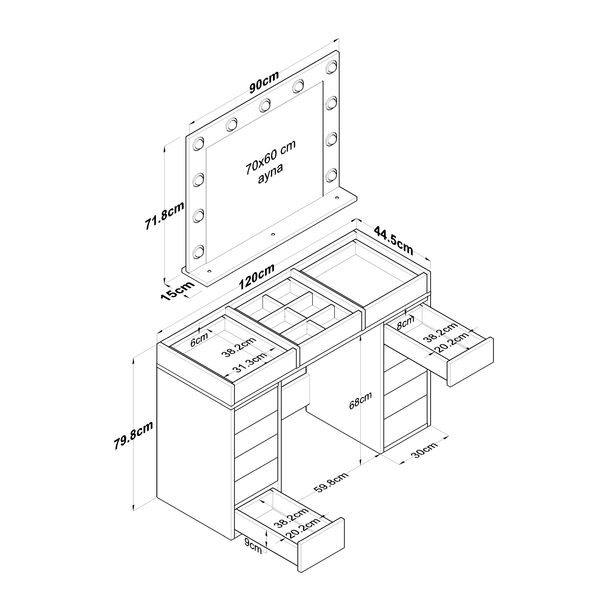 Rani BJ118 Hollywood Işıklı Aynalı Kulis Makyaj Masası Cam Tablalı 13 Çekmeceli Takı Düzenleyici Beyaz