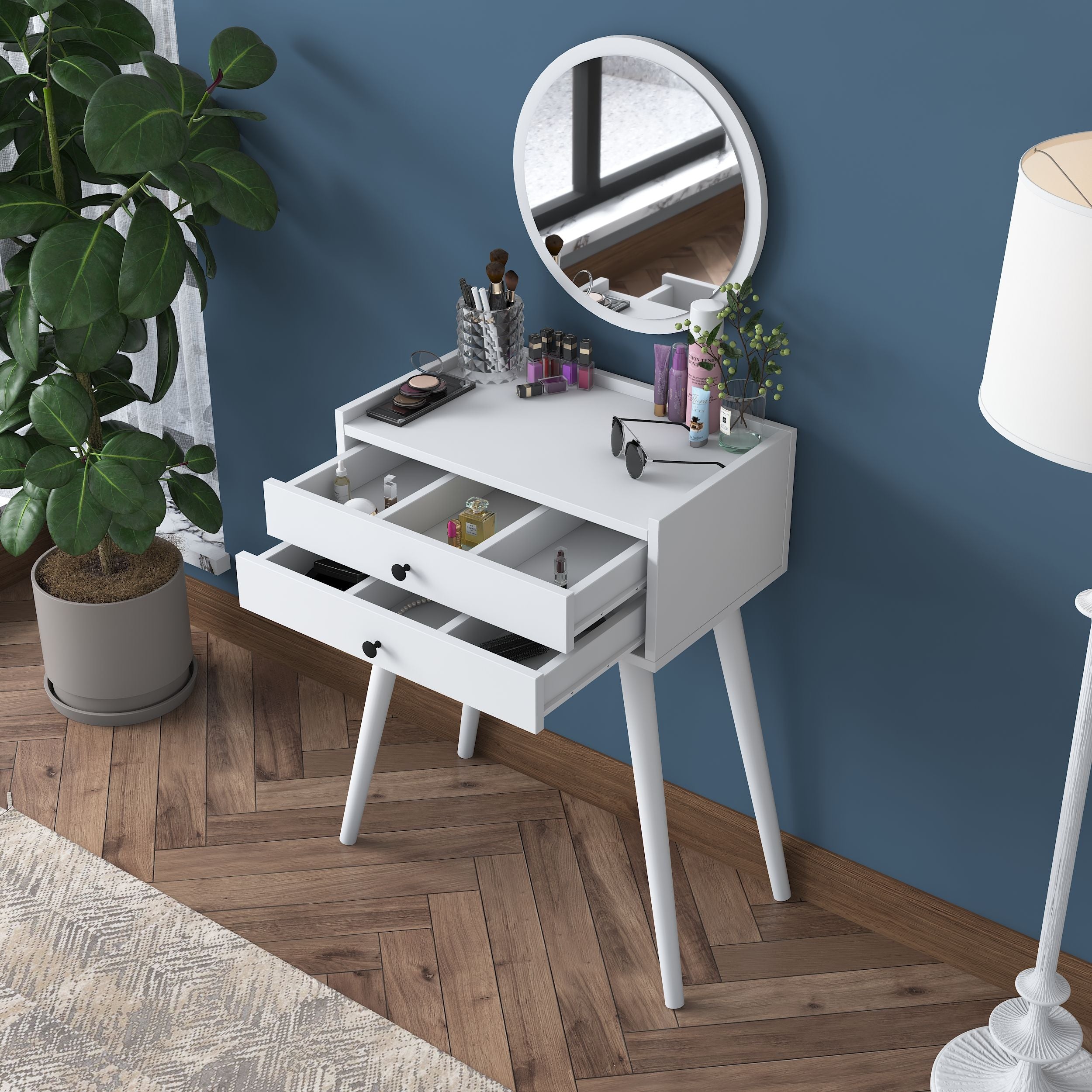 rani bj109 makyaj masası 2 çekmeceli aynalı takı düzenleyici beyaz