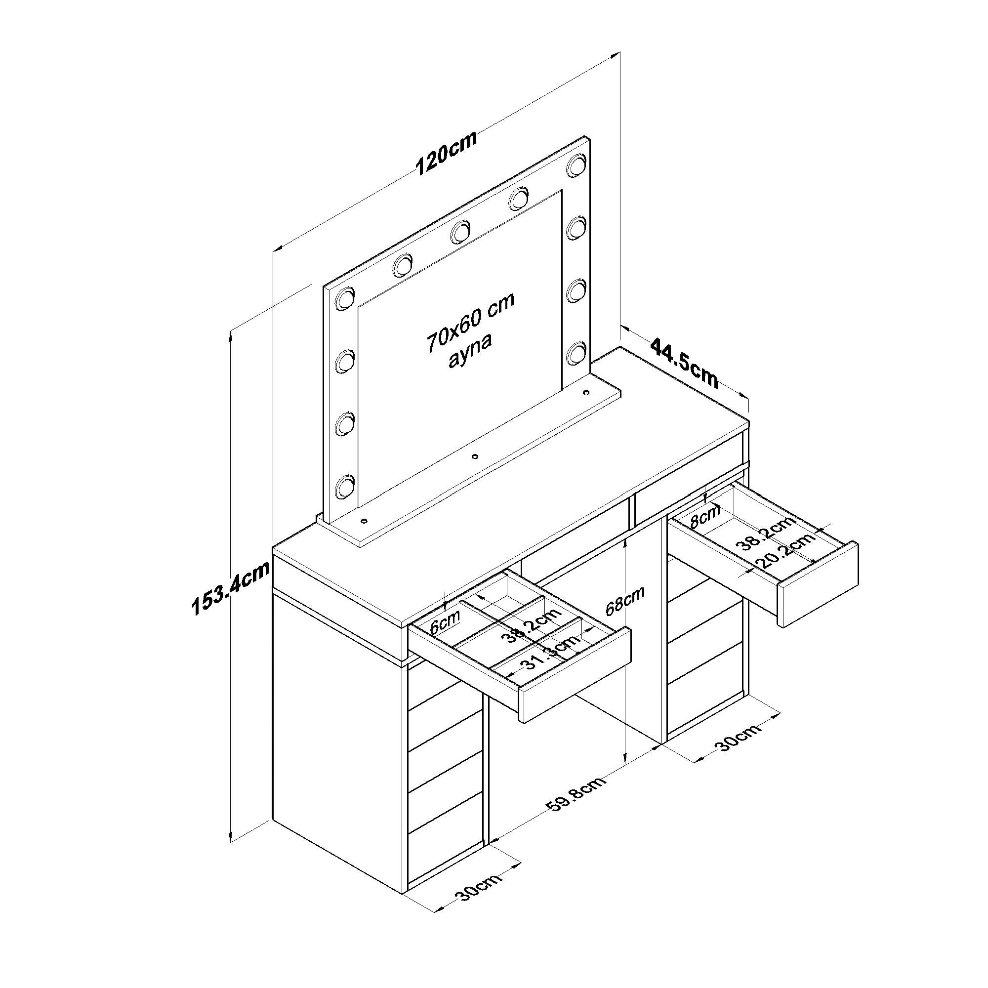 Rani BJ119 Hollywood Işıklı Aynalı Kulis Makyaj Masası 13 Çekmeceli Takı Düzenleyici Beyaz