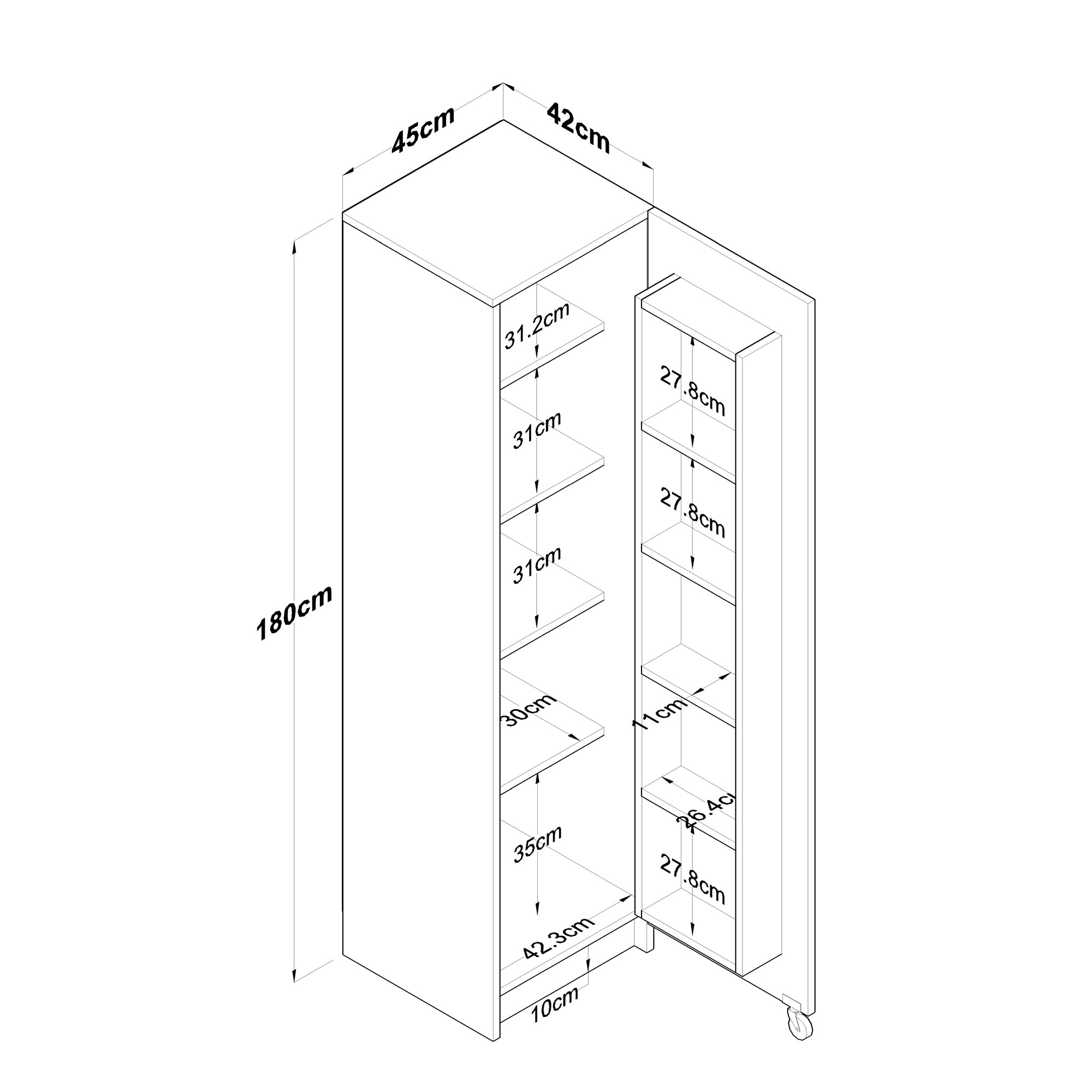 Rani JE104 Multi-Purpose Wardrobe Wheeled Single Door Pantry Supply Kitchen Cabinet White